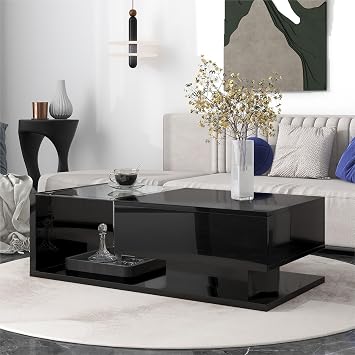 Modern Coffee Table with Tempered Glass, Wooden Cocktail Table with High-Gloss UV Surface, Modernist 2-Tier Rectangle Center Table for Living Room Black