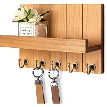 Rebee Vision Farmhouse Key Holder for Wall - Decorative Farmhouse Wall Shelf with Key Hook and Mail Organizer Wall Mount for Apartment Essentials - Rustic Living Room Decor Light Brown