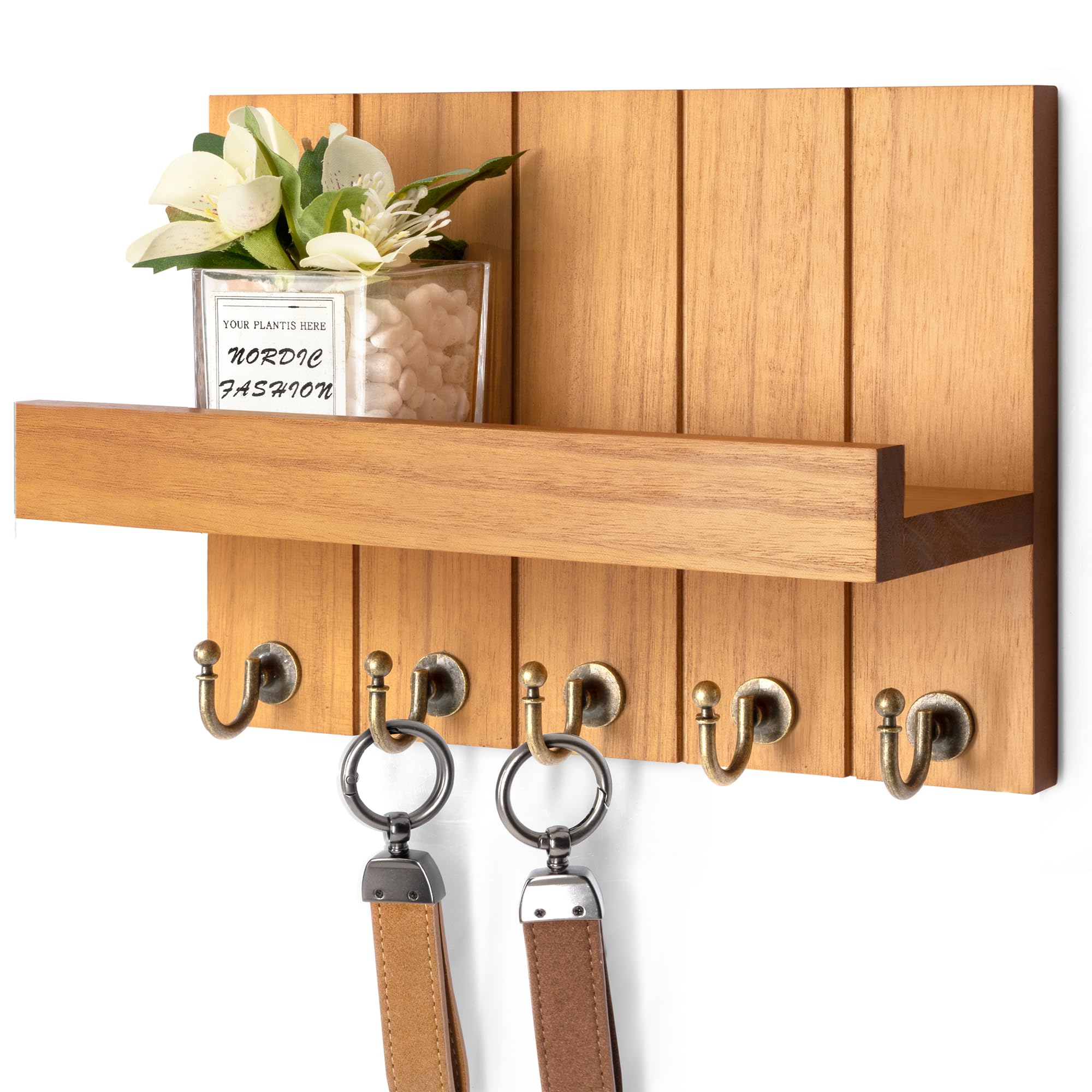 Rebee Vision Farmhouse Key Holder for Wall - Decorative Wall Shelf with Key Hooks & Mail Organizer Wall Mount for Apartment Essentials - Rustic Living Room Decor (Light Brown, 3.54"D x 10"W x 7.28"H)
