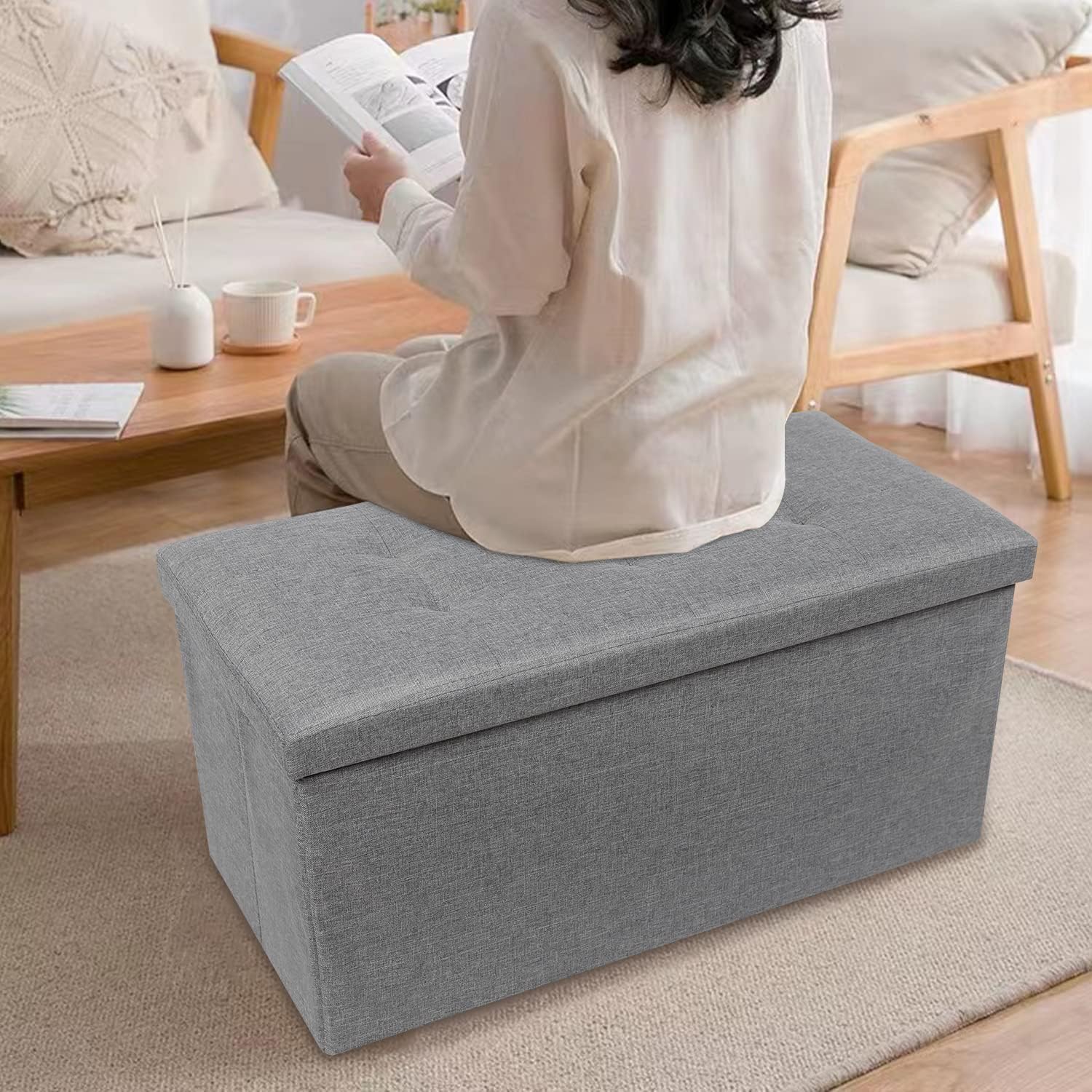 TOUCHRICH Folding Cube Storage Ottoman with Padded Seat Linen Fabric Footrest