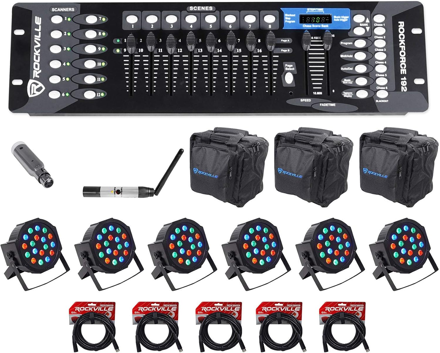 Rockville ROCKFORCE 192 Bundle: 192-Channel DMX Controller, DMX-WTR Transmitter, DMX-WRE Receiver 9Hr Battery, (6) RockPAR50 Par Can Dual-Bracket, (3) RLB90 Bag, (5) RDX3M25 25-ft Cable, 17-Items