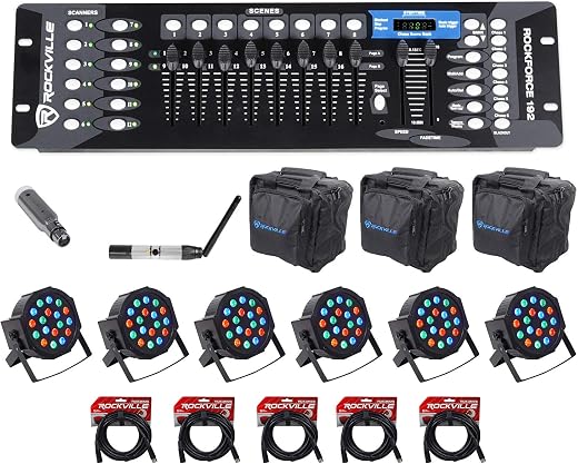Rockville 192-Channel DMX Controller+Lighting Transmitter+Receiver+6 Par Lights