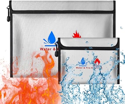 Fireproof Document Bag - Fireproof Money Safe Document Bag 38 x28 & 23x17.5cm Set Non-Itchy Silicone Coated Fire Resistant Bag Fireproof Safe Storage for Money, Documents, Jewelry and Passport
