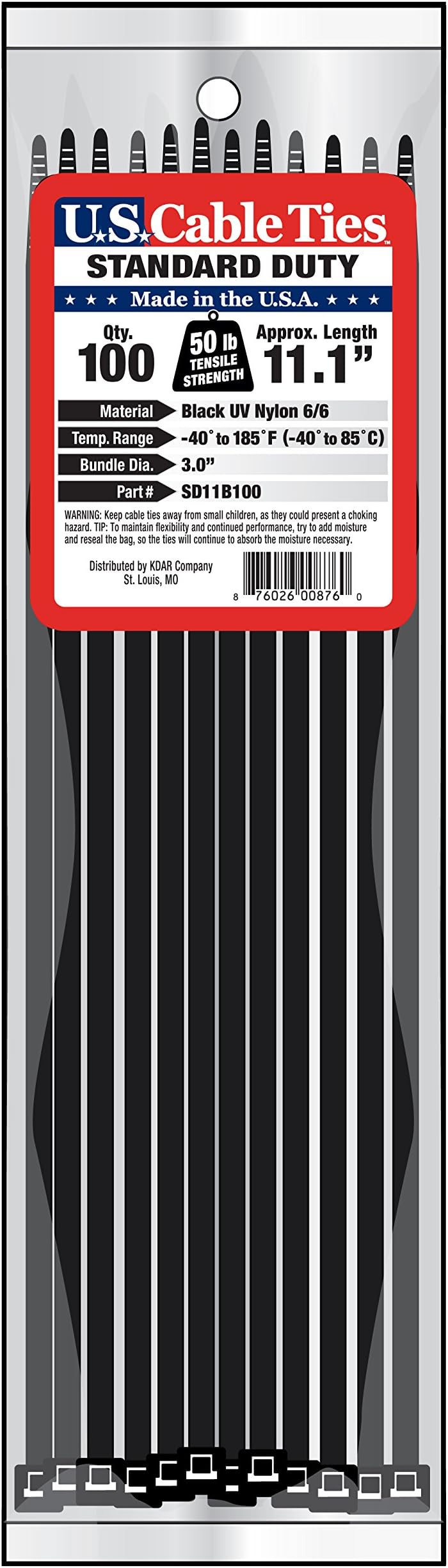 US Cable Ties SD11B100 11-Inch Standard Duty Cable Ties, UV Black, 100-Pack
