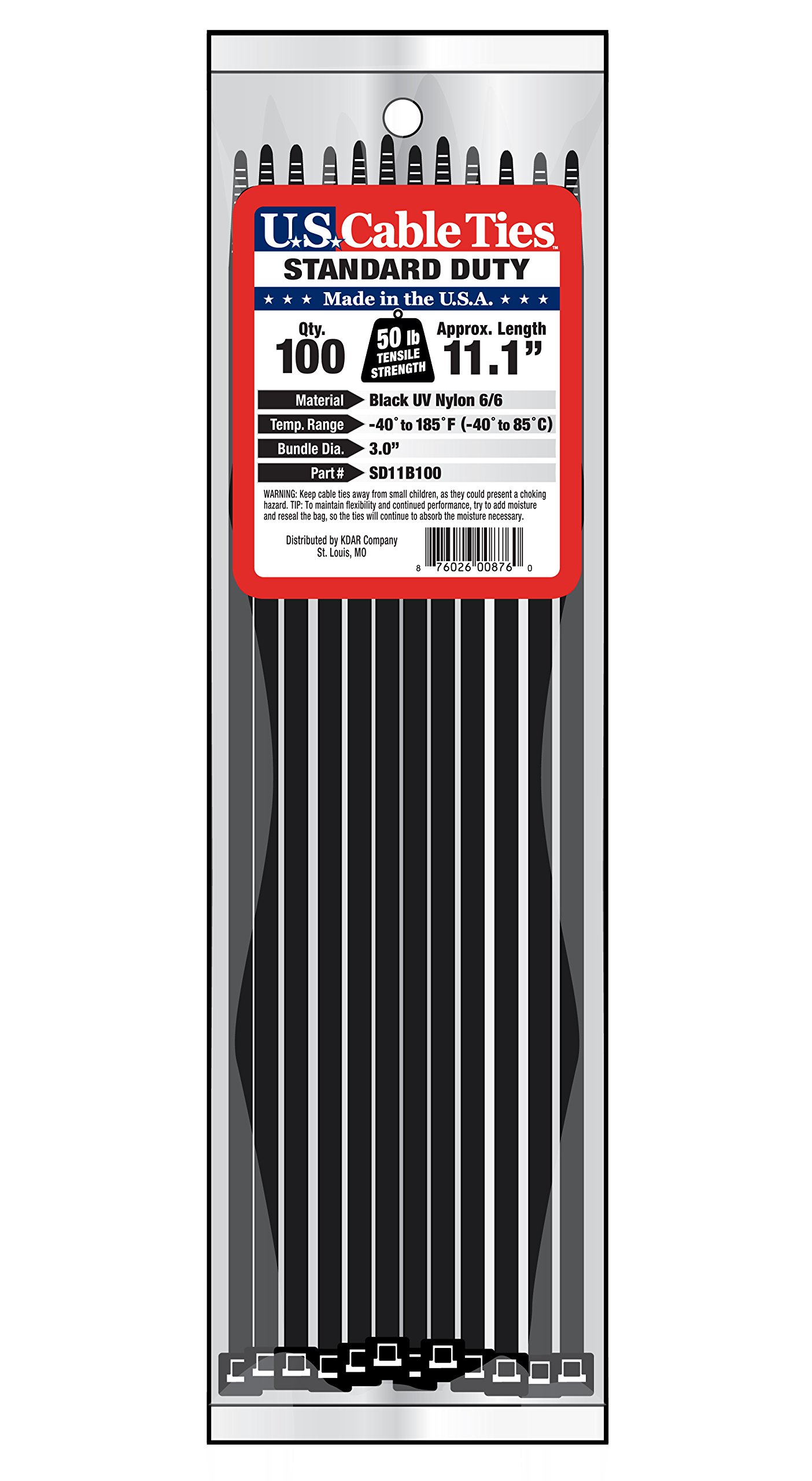 US Cable Ties SD11B100 11-Inch Standard Duty Cable Ties, UV Black, 100-Pack