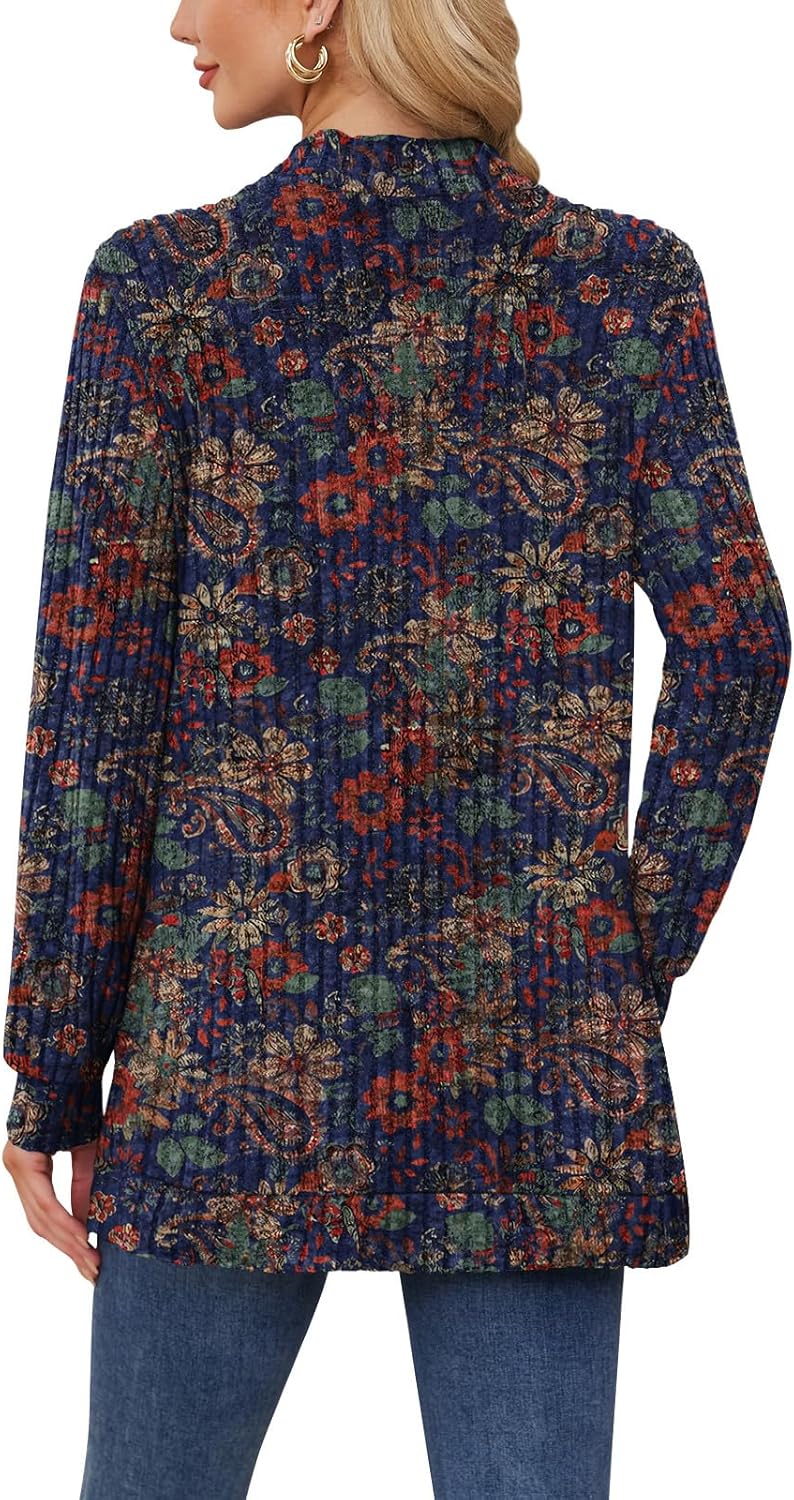 DB MOON Womens Long Cardigan Lightweight Sweater Open Front Long Sleeve Outfits with Pockets M, Blue Floral - Image 2