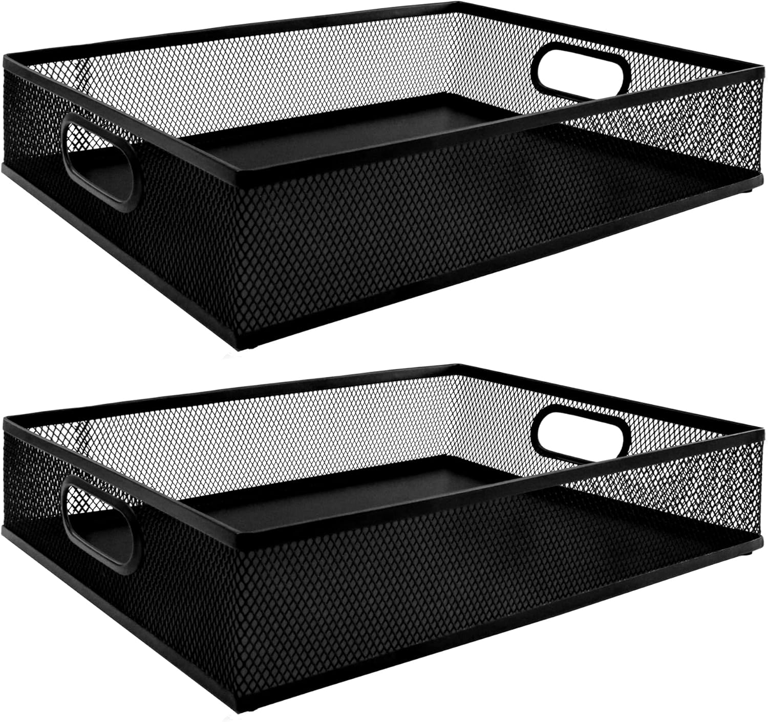 2 Pack Desk Drawer Organizer Tray, Metal Mesh Storage with Handles for Office Supplies, Desktop File Organizer Basket for Stationery, Craft Materials, Magazines and Documents (Black)