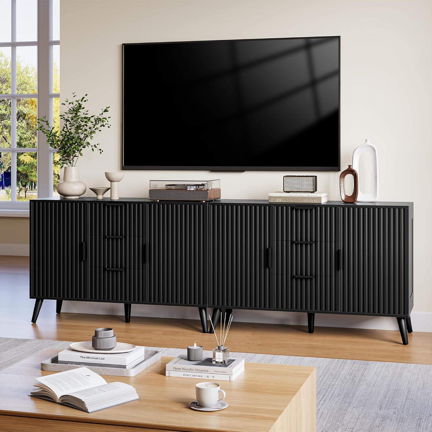 47.2" Fluted Sideboard Buffet Cabinet with 3 Drawers, Black Modern Buffet Cabinet with Storage, Large Storage Cabinets with 2 Doors Accent Credenza for Kitchen, Living Room, Entryway