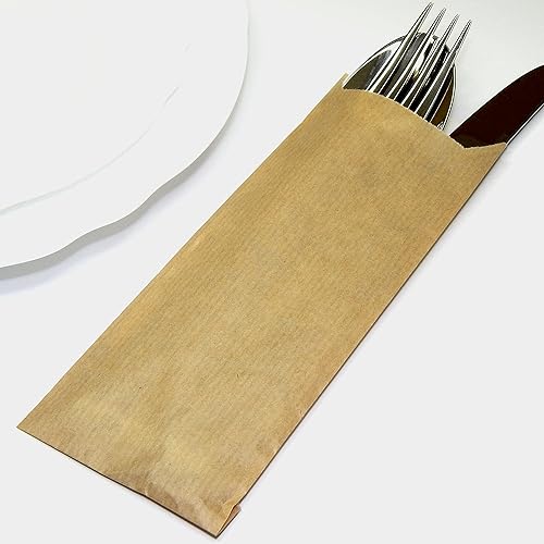 Kraft Paper Silverware Bags - Utensil Holders For DIY Wedding Rehearsal Dinner or Engagement Barbeque - Silverware Holder Bag - Pocket Sleeves -