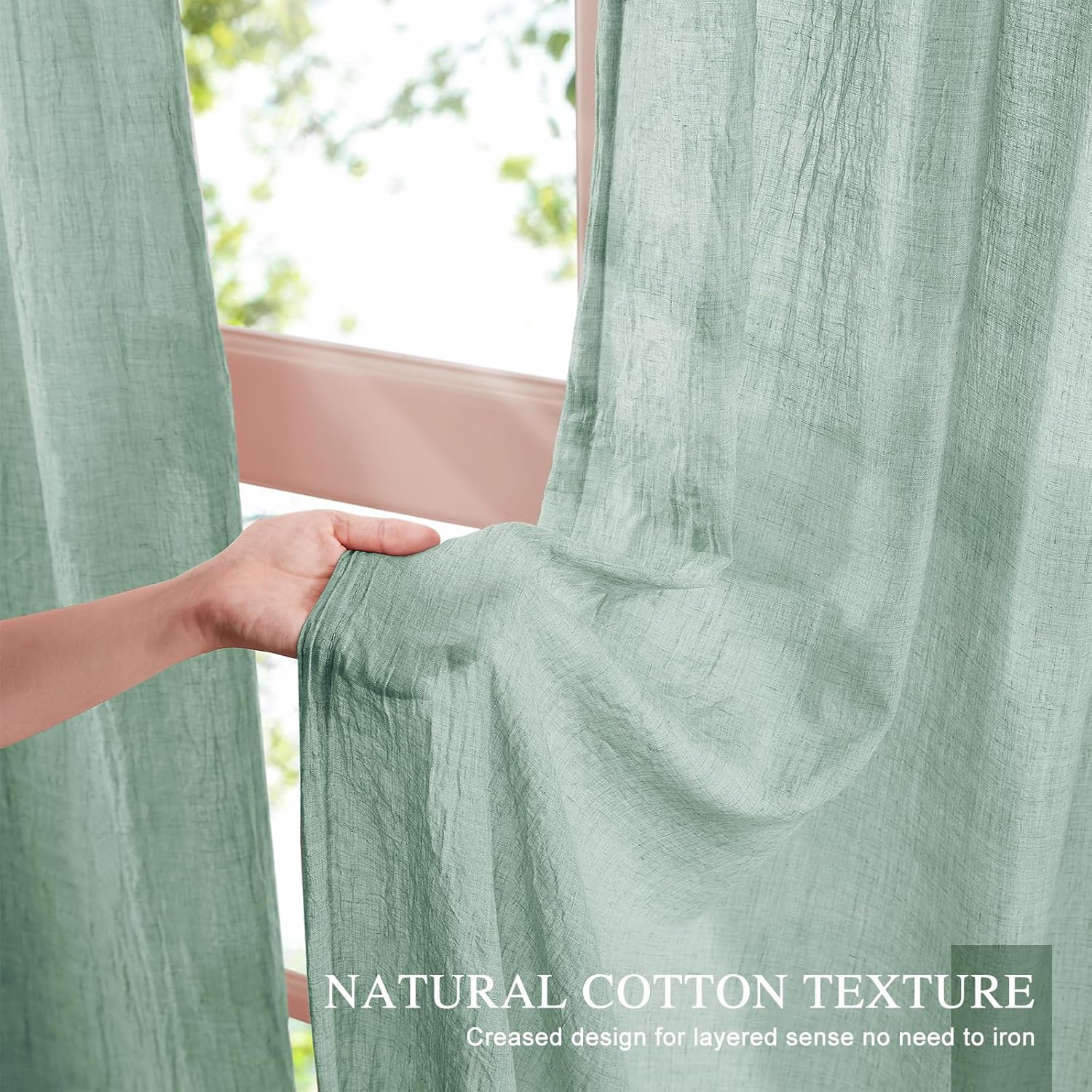 Mint Green Sheer Curtains 90 Inches Long for Living Room, Elegant Cotton Linen Textured Light Filtering Crepe Sheer Drapes Natural Crinkle Voile Curtains for Bedroom, W52 x L90 in, 2 Panels