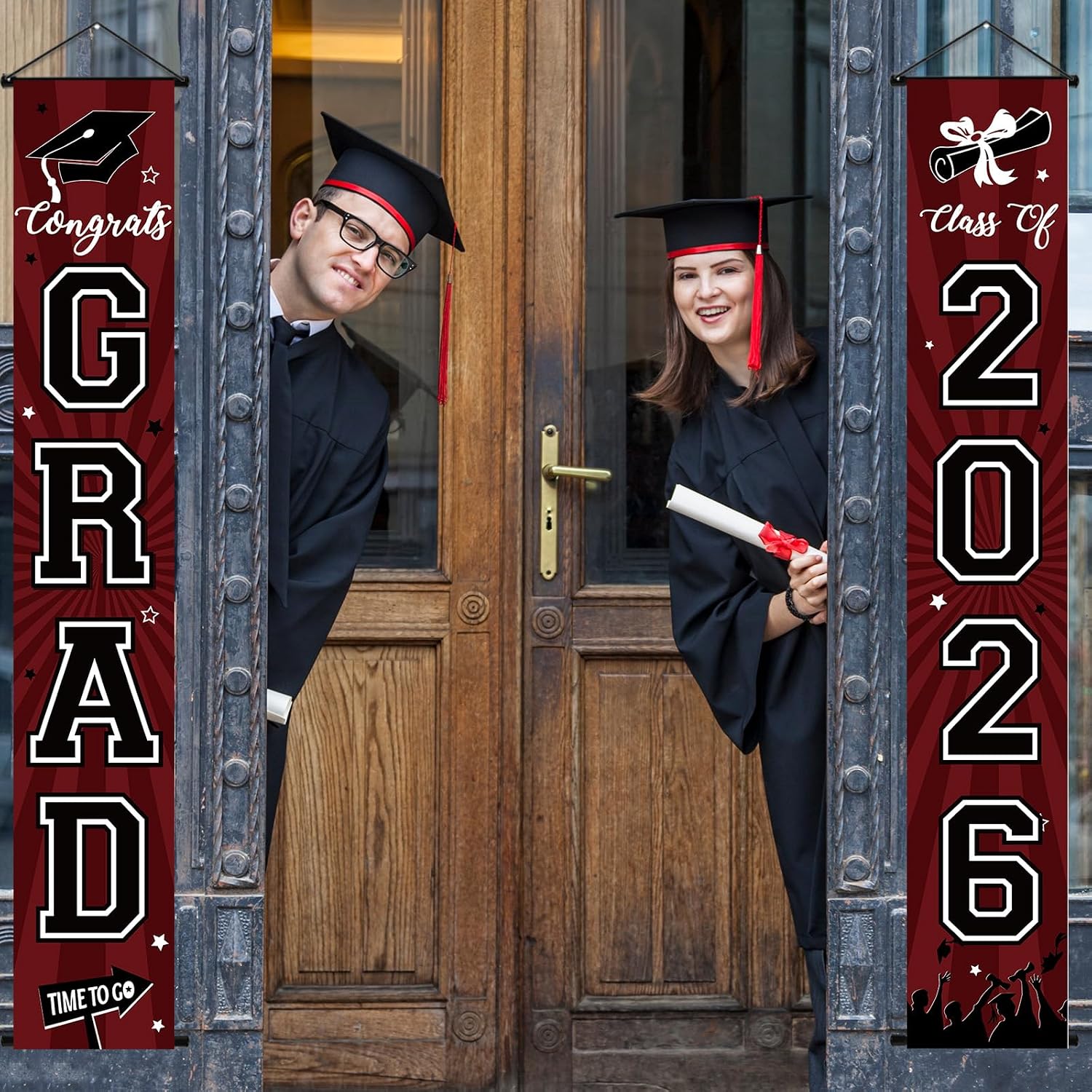 Graduation Banner 2026 Graduation Decorations Maroon and Black Grad Banner Porch Sign Class of 2026 Door Decor Congrats Hanging Backdrop Maroon Grad Party Decor for School Congratulations Supplies
