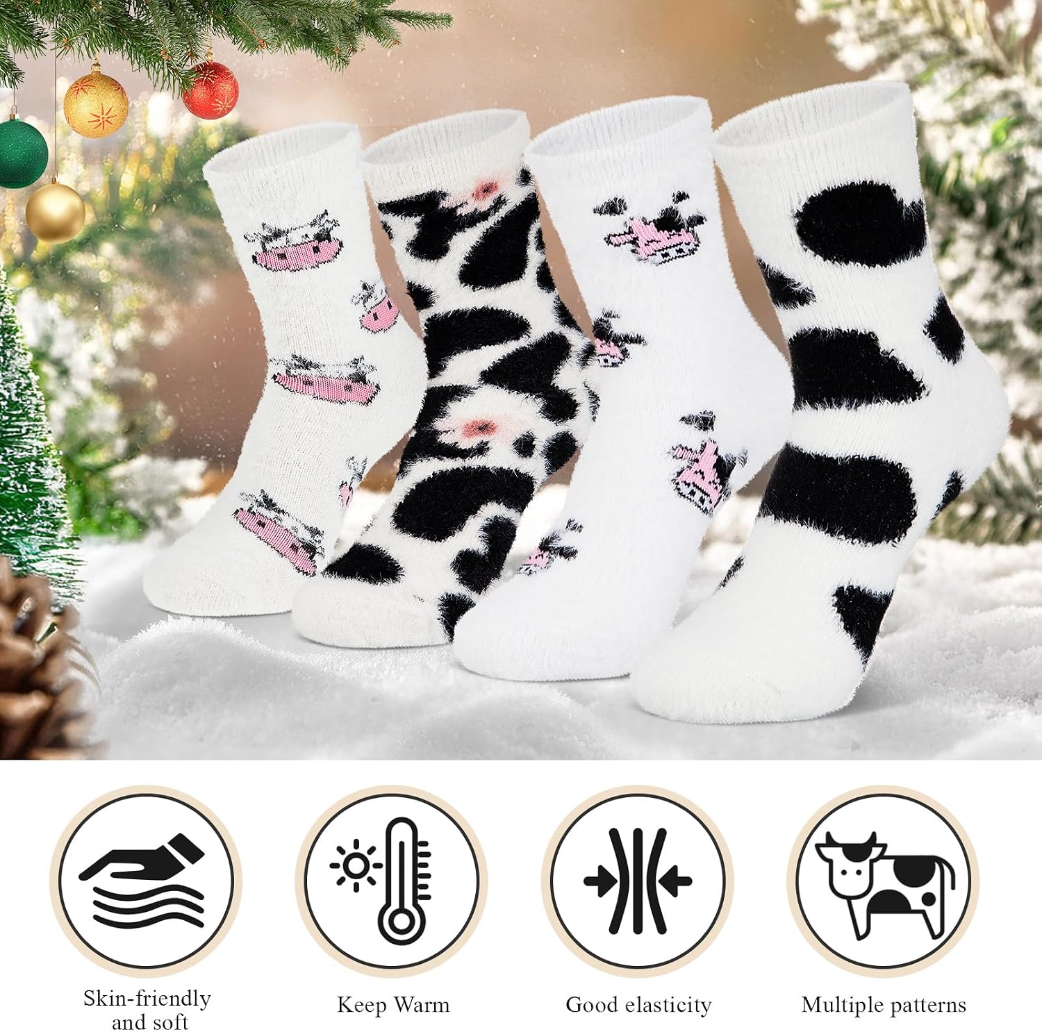 Foaincore 4 Pairs Fuzzy Cow Socks for Women Winter Cow Print Stuff Socks Cute Fluffy Cozy Funny Gifts for Women