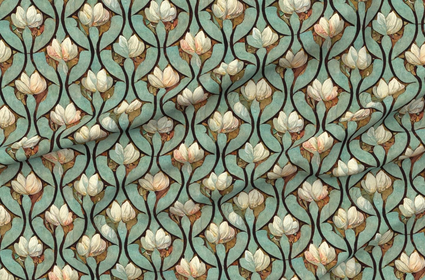 Spoonflower Fabric - Art Nouveau Lotus Art Deco Floral Water Lily 1920 Botanical Spring Printed on Organic Cotton Sateen Fabric by The Yard - Sewing Quilting Apparel Home Decor