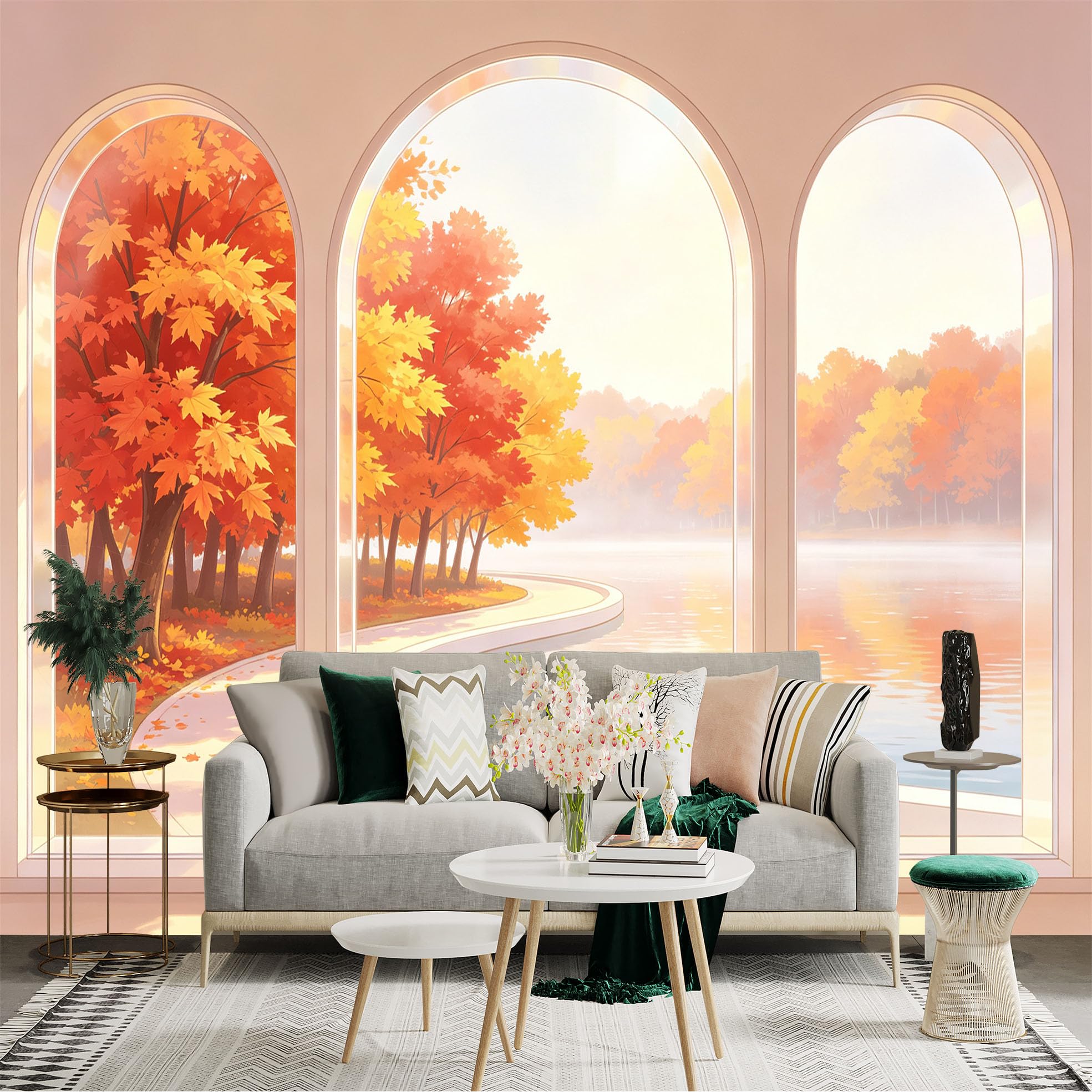 Custom Size Wall Sticker Mural， Autumn Maple Trees， Scenic Lakeside View， Peaceful Park Pathway， Sunlight Through Arch Window， for wall Decoration， peelandstick wall Decals.