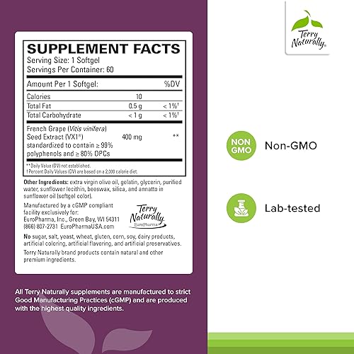 Miniatura 2 de Terry Naturally Clinical OPC Extra Strength - 60 cápsulas blandas - Suplemento de extracto de semillas de uva francesa - Apoya la salud cardíaca y
