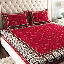 Pure 180 Tc 100% Cotton Double Bed Sheet with 2 Pillow Covers (Bedsheet for Double Bed Cotton, Red Floral Jaipuri, King Size Summer Collection - 003