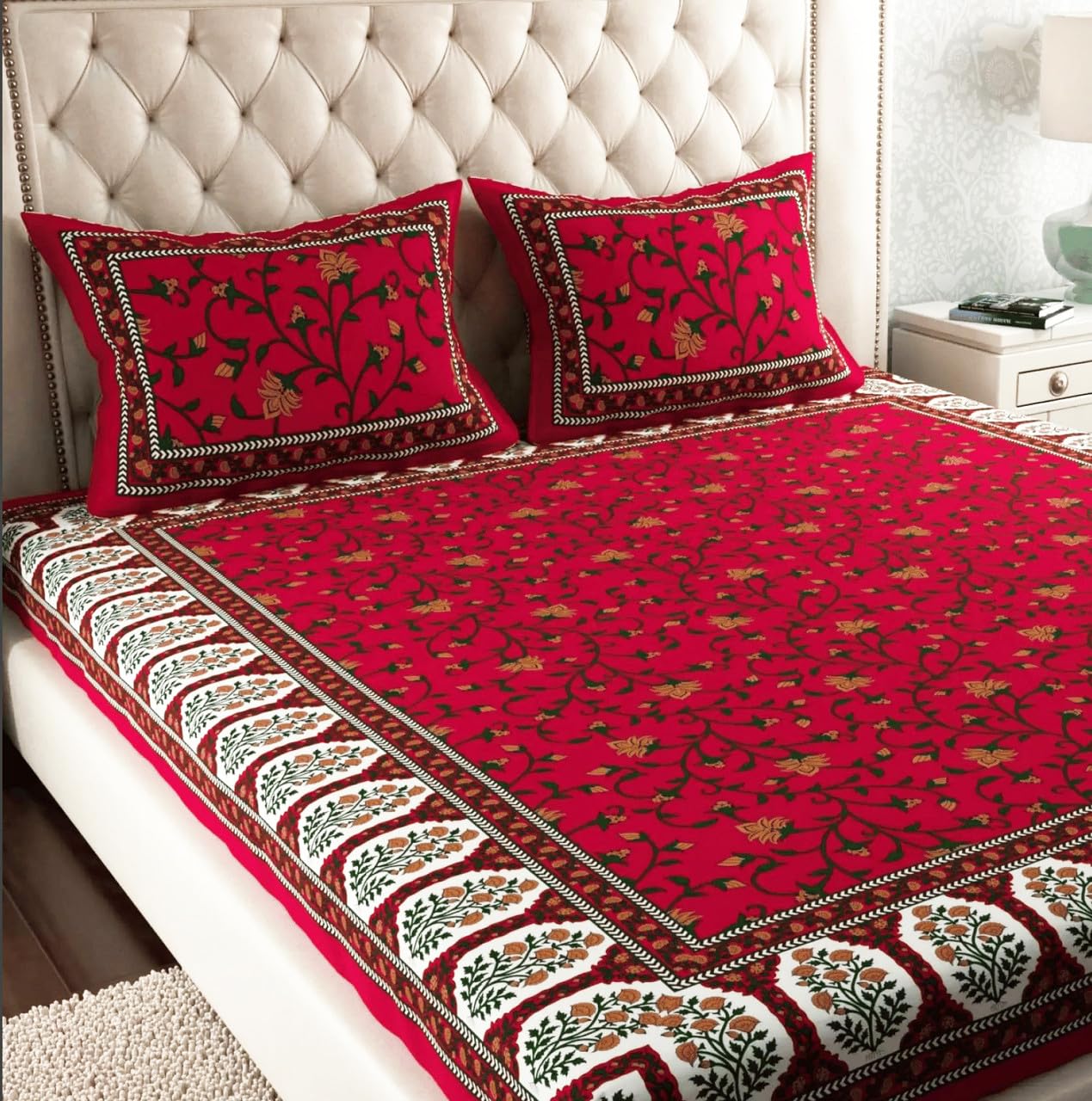 ColorKart Pure 100% Cotton Double Bed Sheet with 2 Pillow Covers (Bedsheet for Double Bed Cotton, Red Floral Jaipuri, King Size Summer Collection - 003-image-22