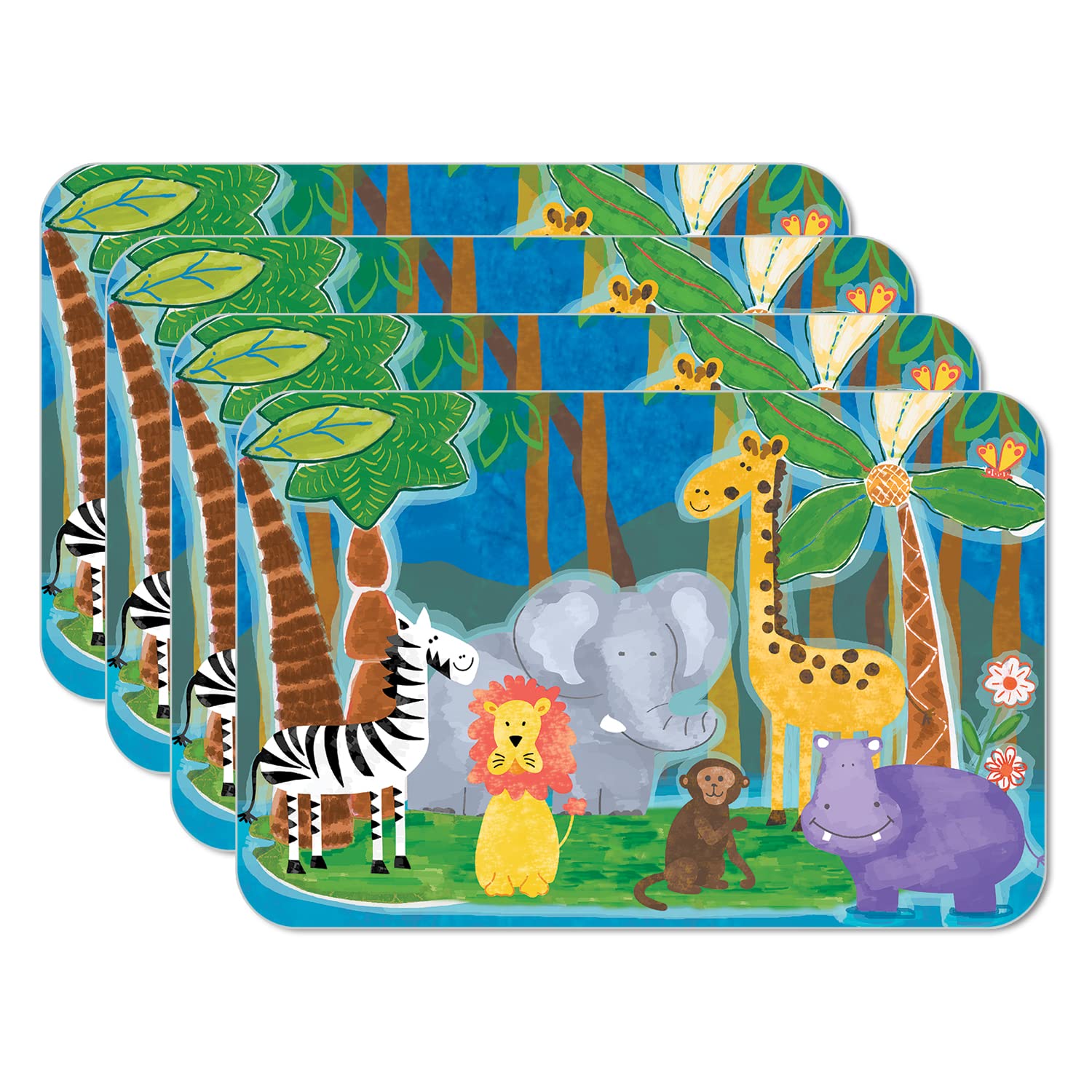 CounterArt Jungle Friends 4 Pack Reversible Easy Care Flexible Plastic Placemats for Children Made in The USA BPA Free PVC Free Easily Wipes Clean