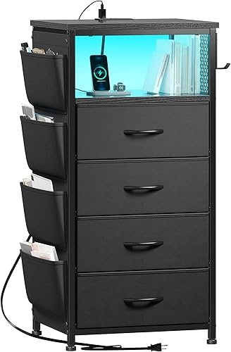 Miniatura 7 de Cómoda para dormitorio con estación de carga y luces LED, 4 cajones con bolsillos laterales, aparadores y cómodas, unidad organizadora de cómoda de
