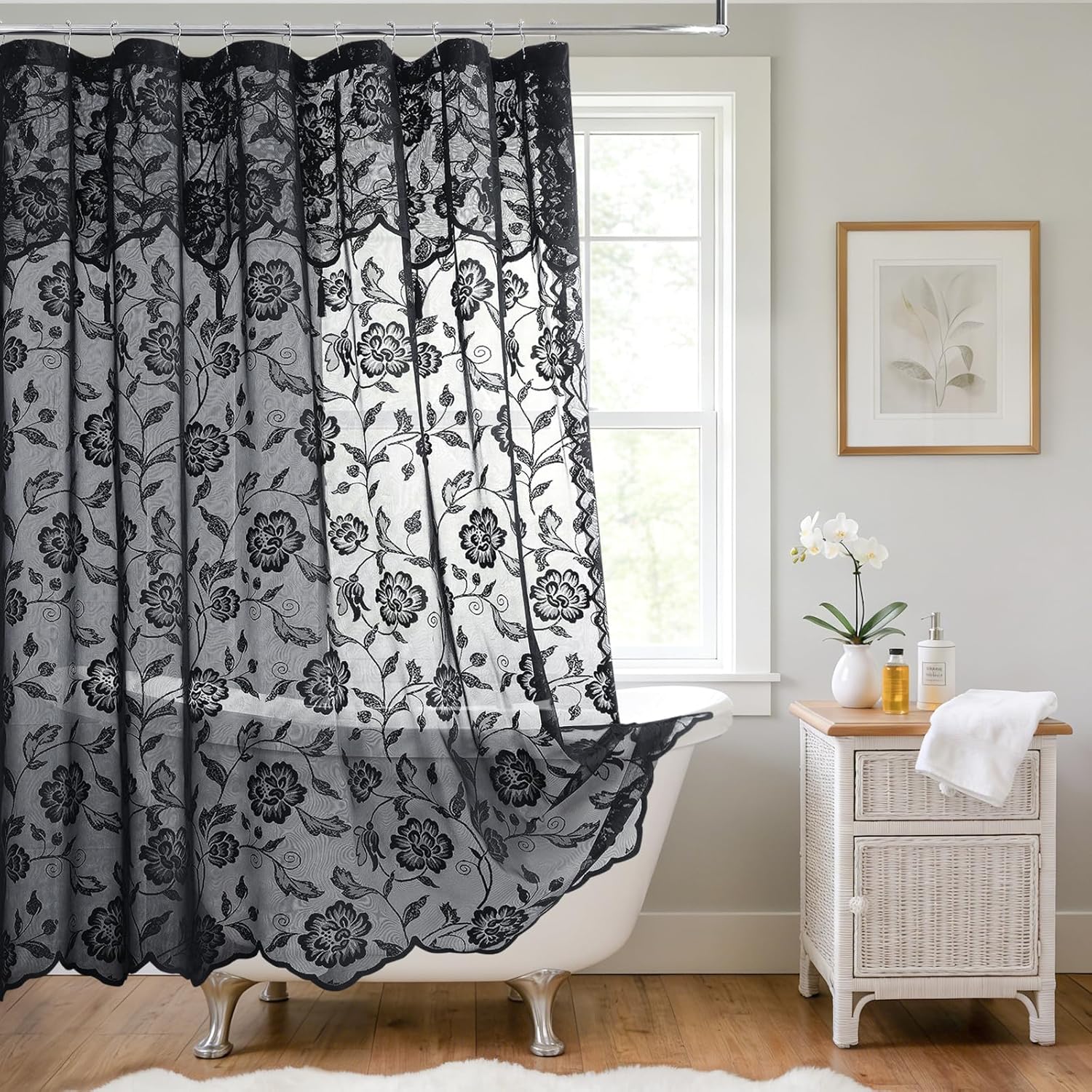 Black Lace Shower Curtain with Valance and Tassel, Vintage Romantic Floral Sheer Shower Curtain with Scalloped Edge, Gothic Witchy Dark Bathroom Curtain, 72"x72"