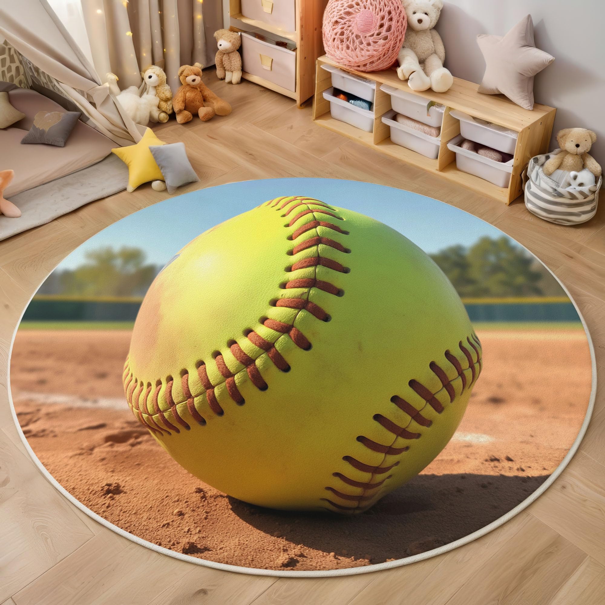 Tapis rond jaune softball 160cm antidérapant et lavable