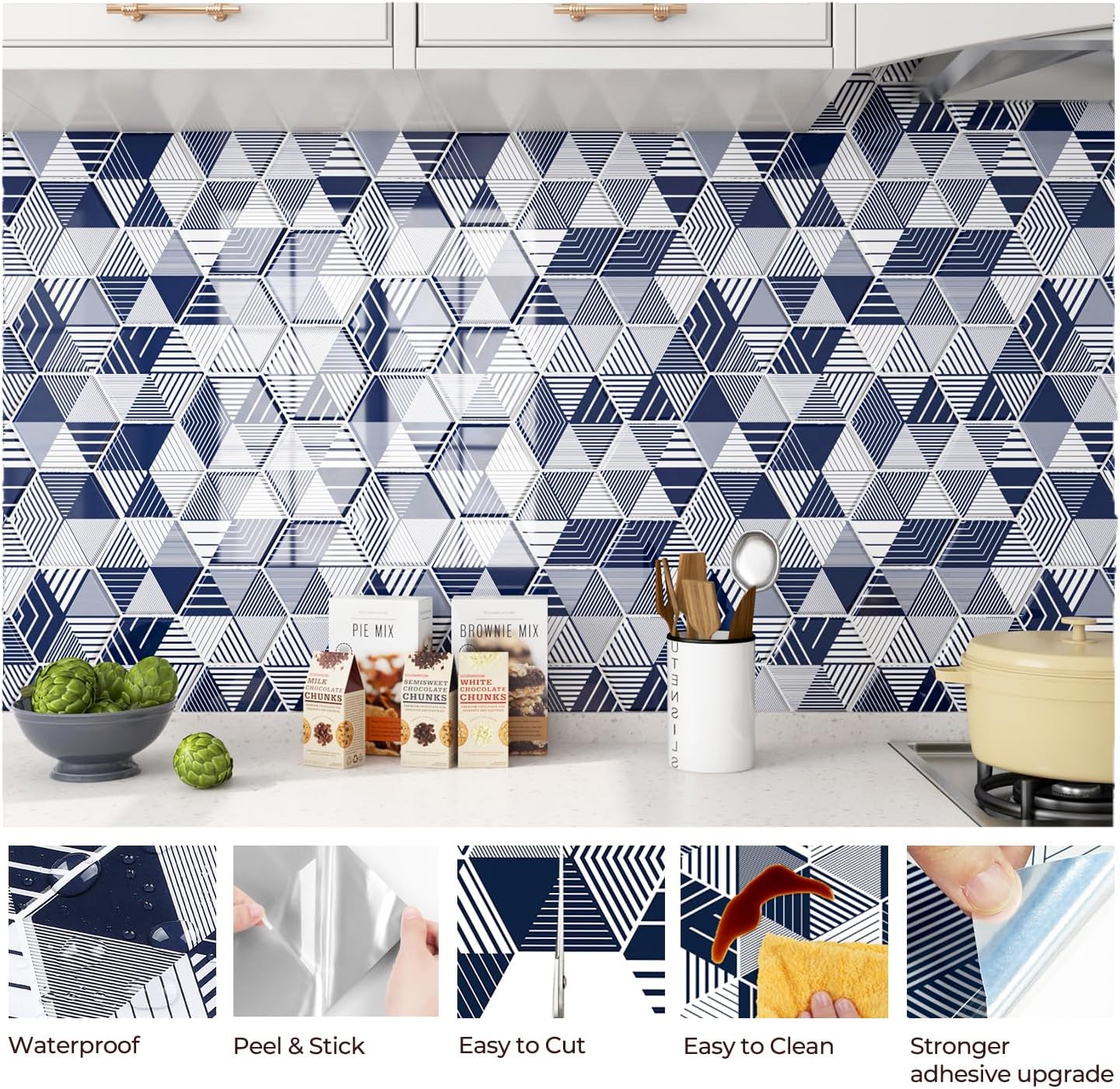 FunStick 30Pcs Blue and White Hexagon Backsplash Tile Peel and Stick Backsplash for Kitchen Bathroom Wall 12"x12" Removable Renter Friendly Stick on Back Splashes Tile Sticker for Shower RV Wall Tiles