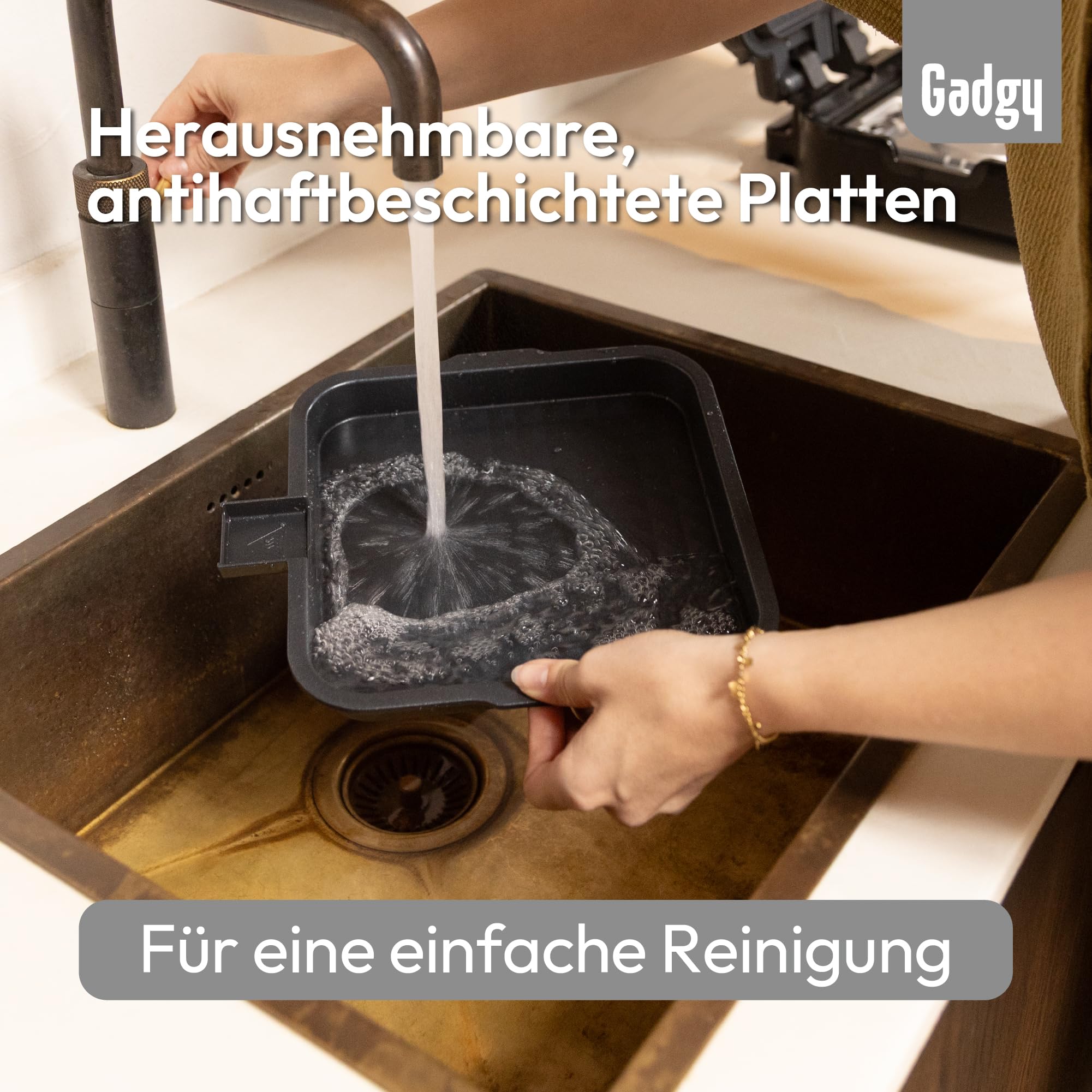 Gadgy Kontaktgrill – Elektrische Tischgrill mit abnehmbarem Grillboden – Einstellbare Temperatur – Ein- & Doppelseitiges Grillen – Antihaftbeschichtung – 1400W – Matt Schwarz/Silber