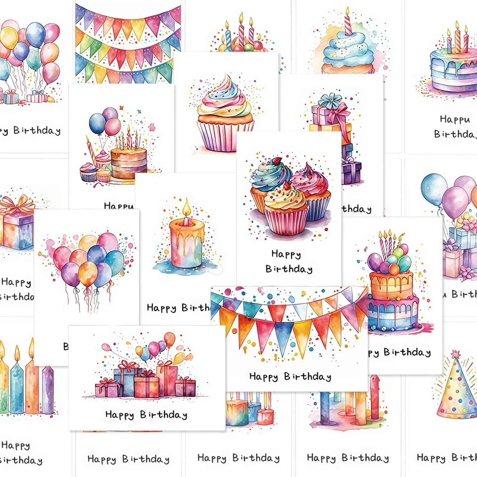 AMFUN 24 Geburtstagskarten, Glückwunschkarten zum Geburtstag mit 24 Umschlägen, Aquarell Klappkarten Geburtstag, Happy Birthday Karten im Postkarten-Set, für Familie Freunde