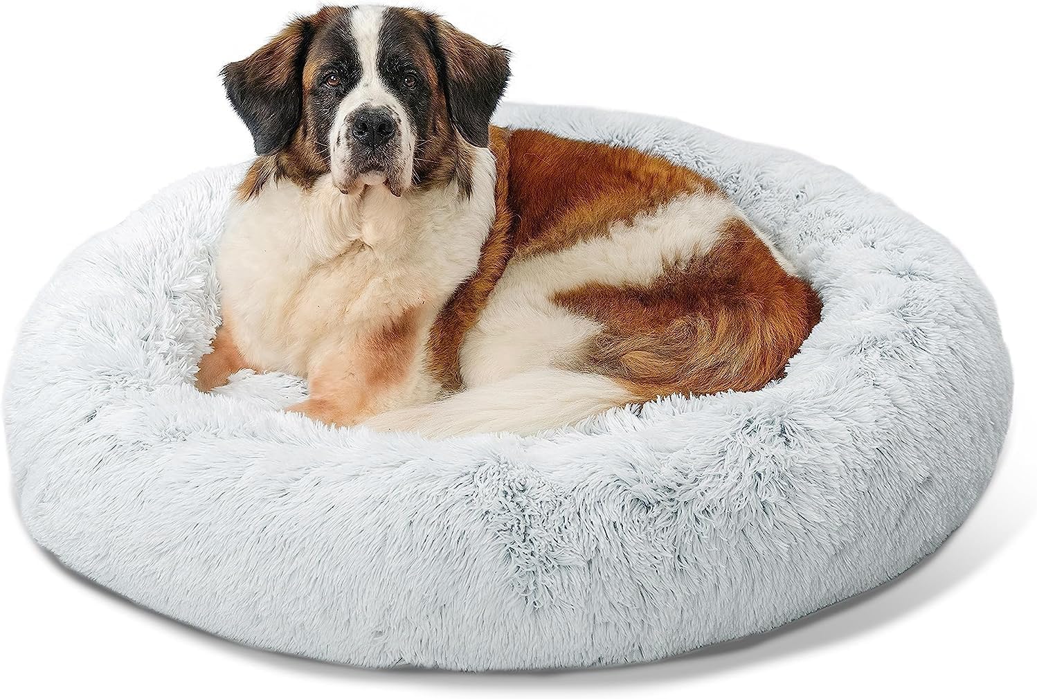 ROHKAO Calming Dog & Cat Bed, 100cm Anti-Anxiety Donut Cuddler Warming Cozy Soft Round Bed, Faux Fur Plush Cushion bed for Small Medium Large Dogs and Cats, light grey (Large 100 x 100CM)