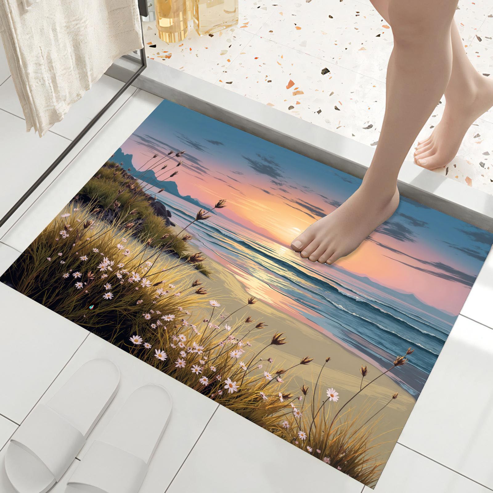 Tapis d'entrée lavable en machine et antidérapant avec motif océan pour entrée