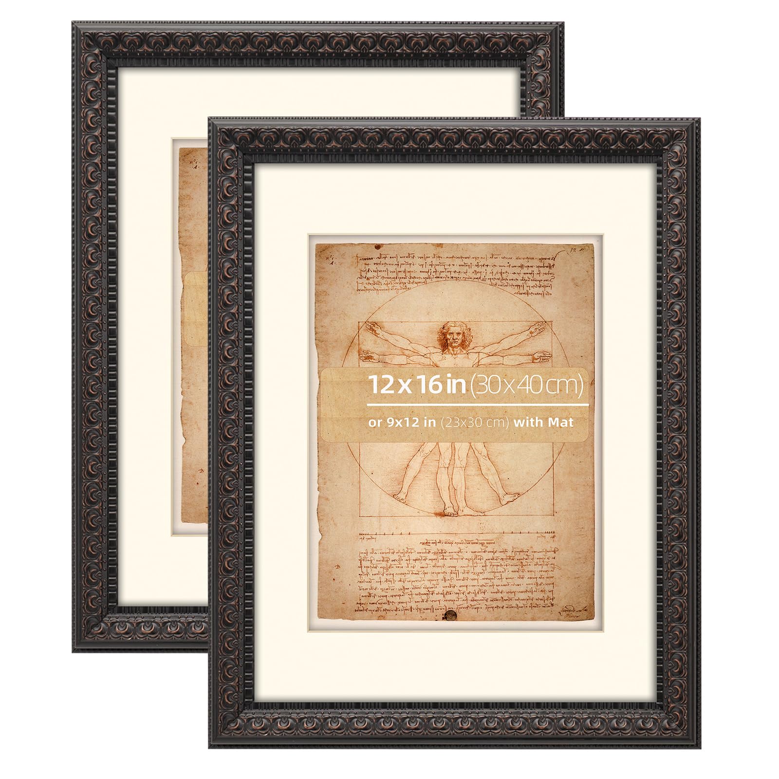 Eitida 12x16 inch Rustic Black Wooden Ornate Picture Poster Frame, With Mat for 9x12 inches photos Vertical or Horizontal Display with Plexi glass Cover, 2 Pack