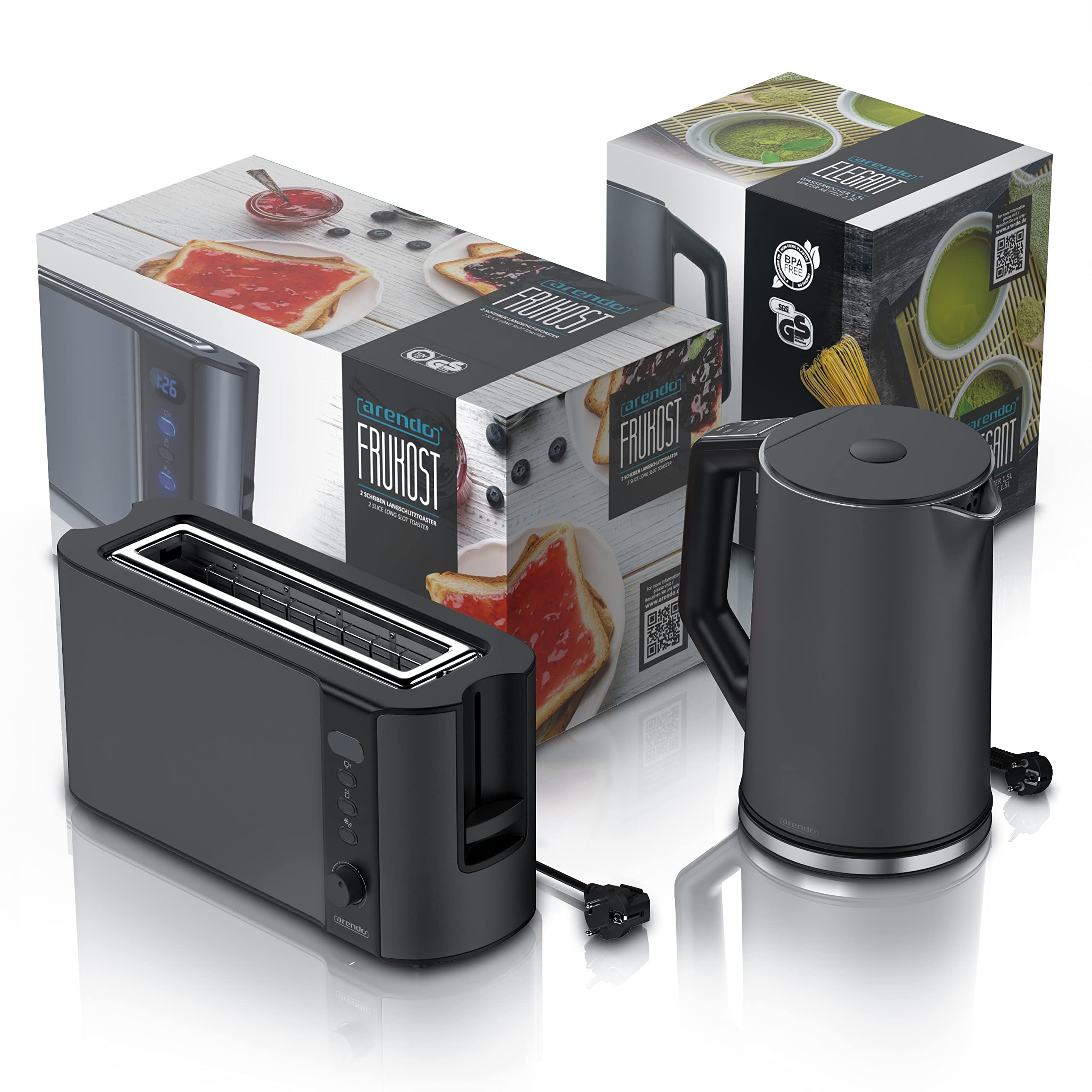 Arendo Wasserkocher Toaster SET Edelstahl Cool Grey 1,5L 40°-100°C 2 Scheiben LED-Display 6 Bräunungsgrade