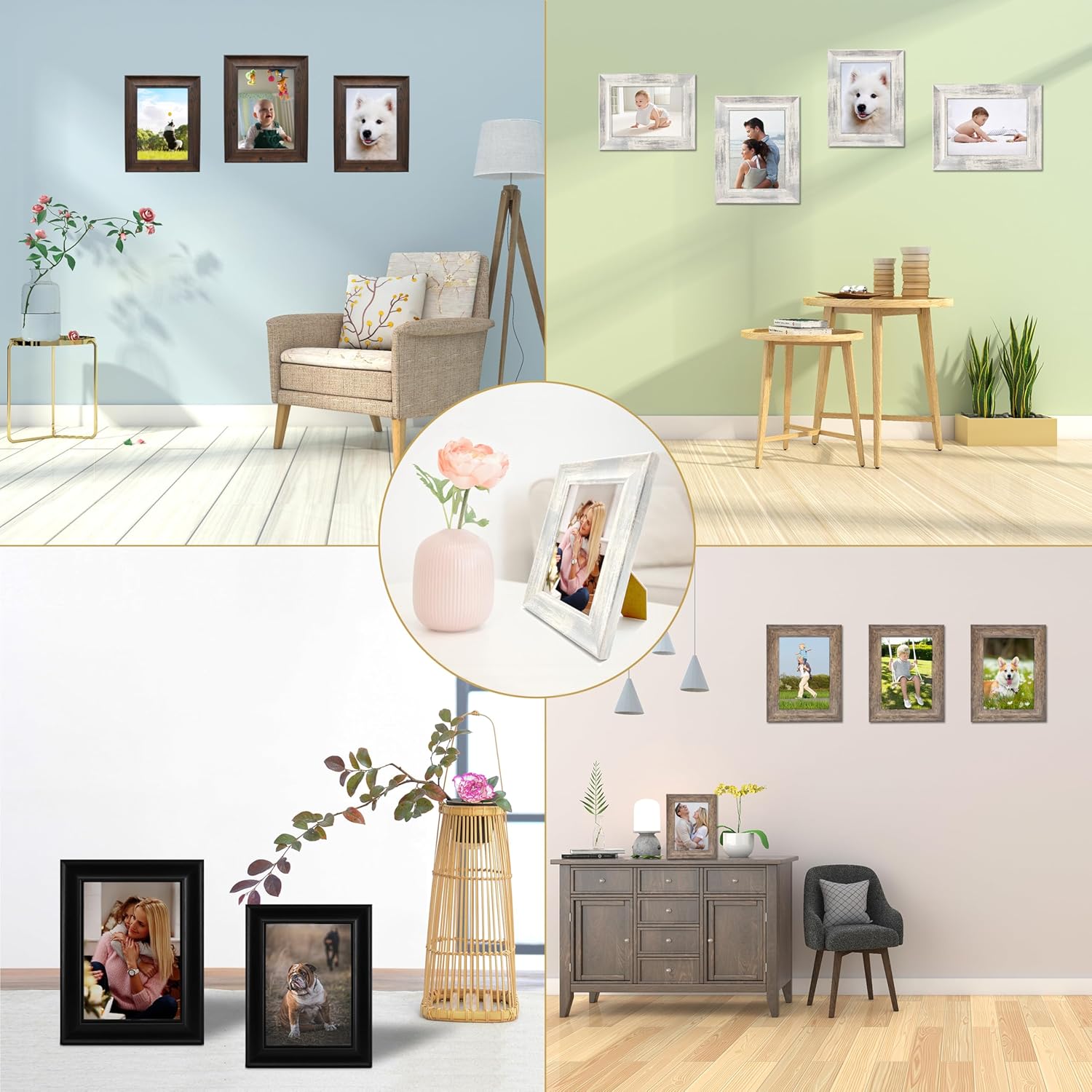 5x7 Picture Frames Black Wood Pattern High Definition Glass for Table Top Display and Wall Mounting Photo Frame，Pack of 4