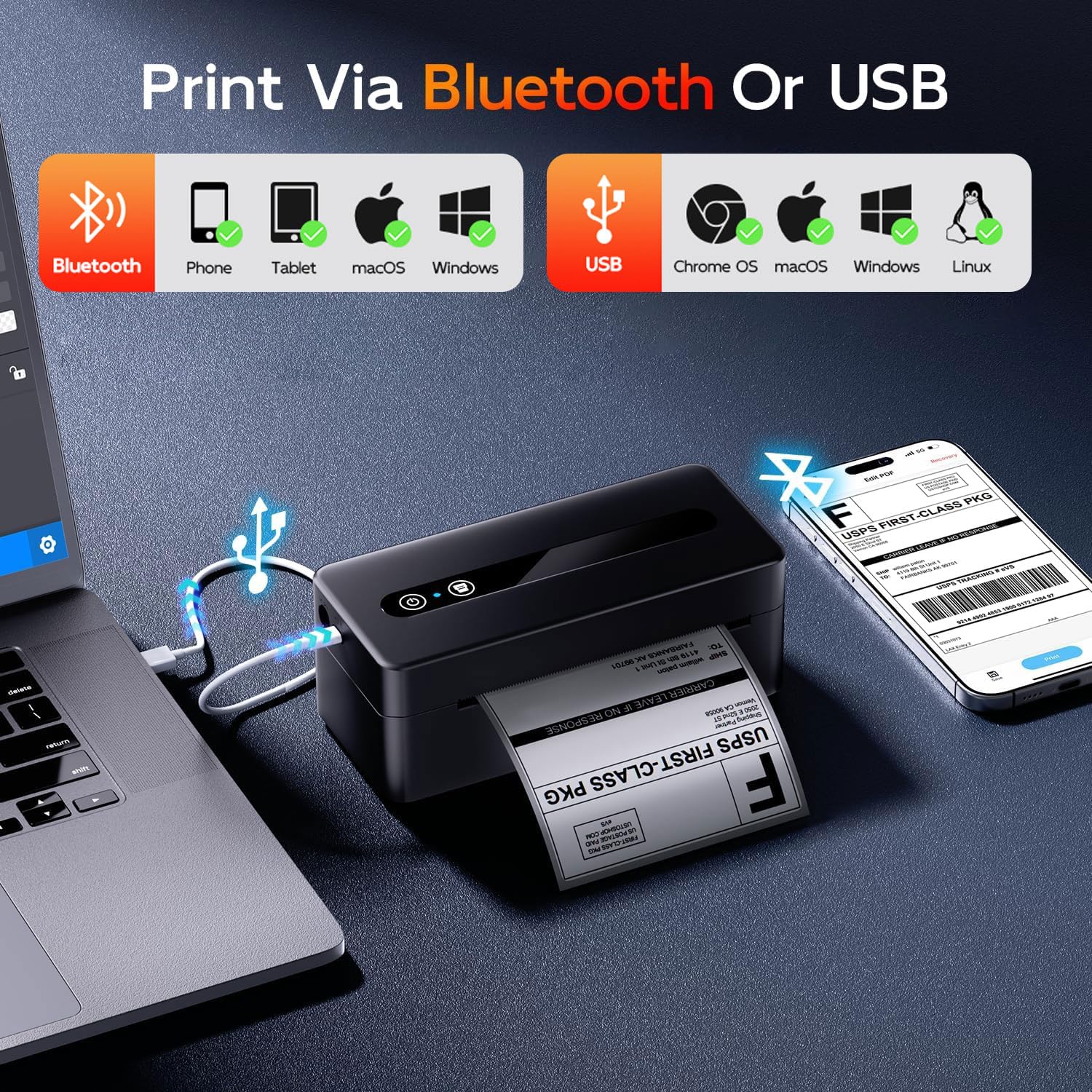 Imprimante d'étiquettes thermiques Bluetooth de qualité commerciale pour petites entreprises, imprimante thermique sans fil compatible avec téléphone, iOS, Android, Windows, Mac, Amazon, Shopify, noir