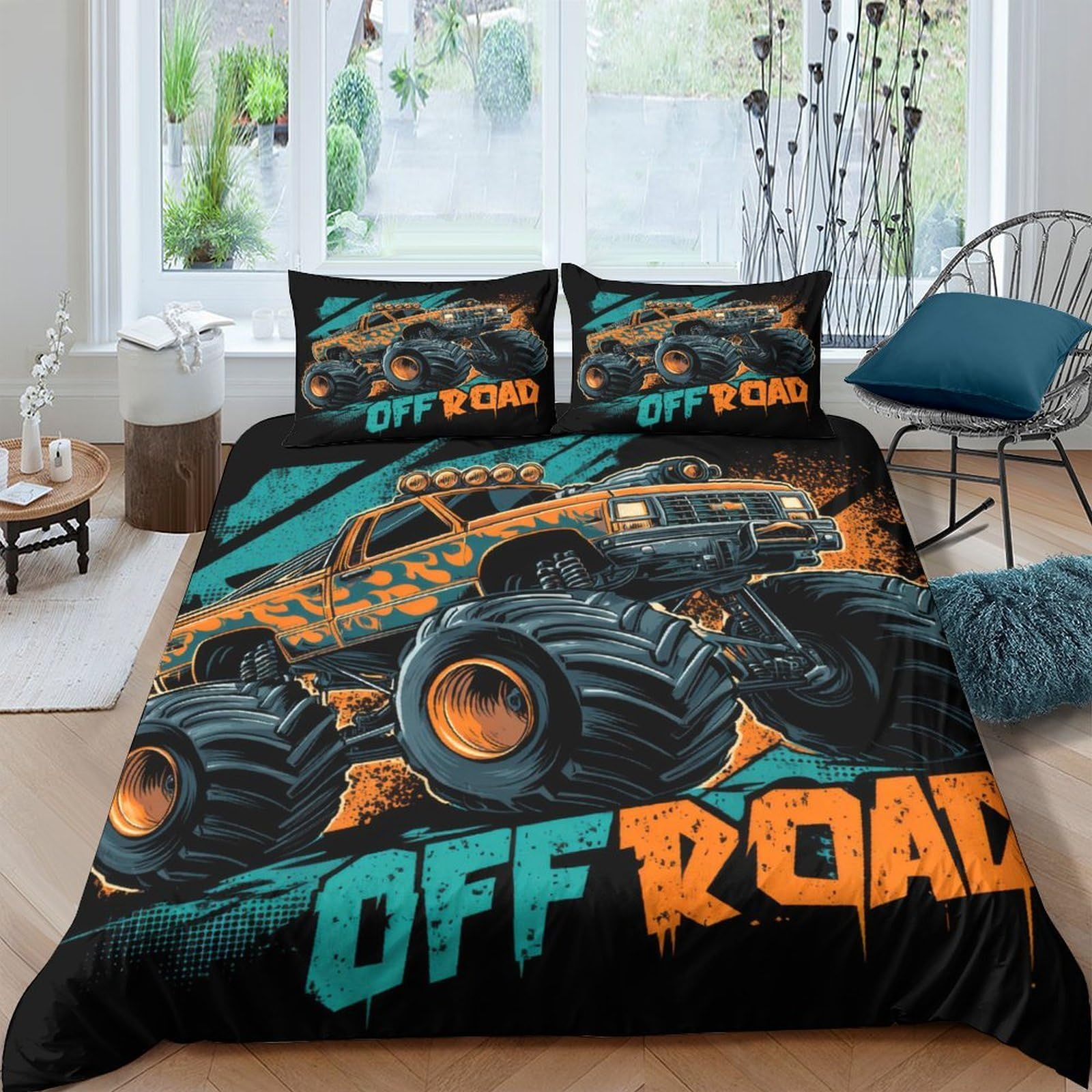Ctjqhvkz Style-7 3D Printed Monster Truck Fitted Sheet Microfiber Soft Black Orange Off Road Bed Cover For Bedroom Dorm Mattress Decor Single（135X200cm）