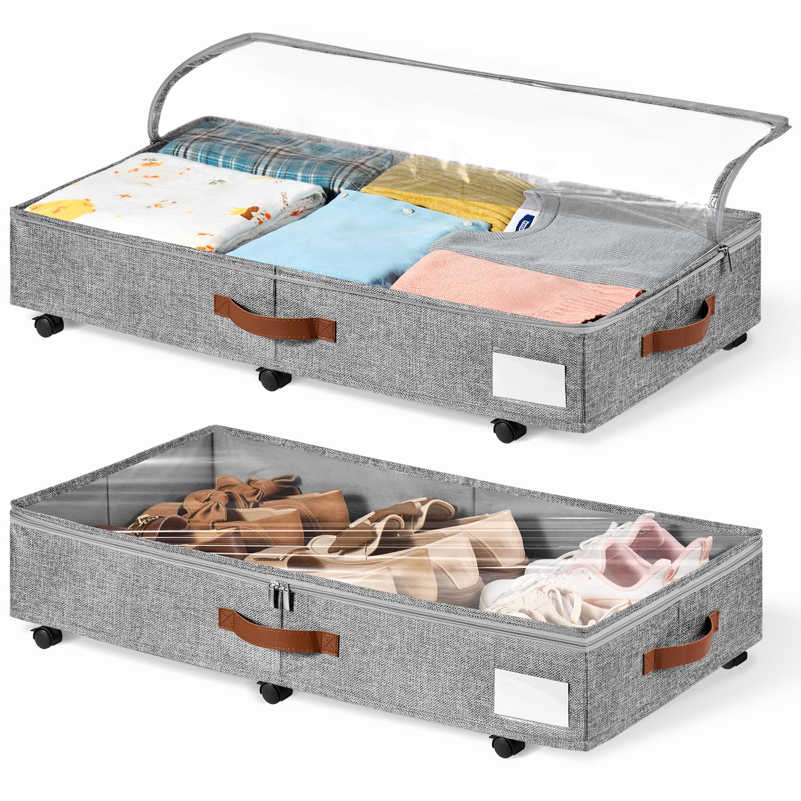 2er-Set Rollbare Aufbewahrungsbox unter dem Bett, 15 cm Höhe (6 Zoll) mit klarem Deckel - Graue Bettkasten für Schuhe & Kleidung