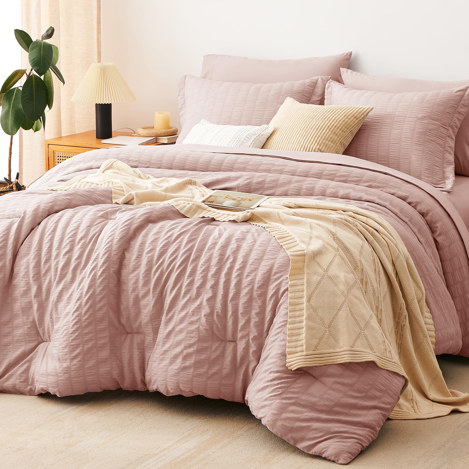 CozyLux King Size Comforter Set, 7 Pieces Rose Gold Seersucker Bed in a Bag