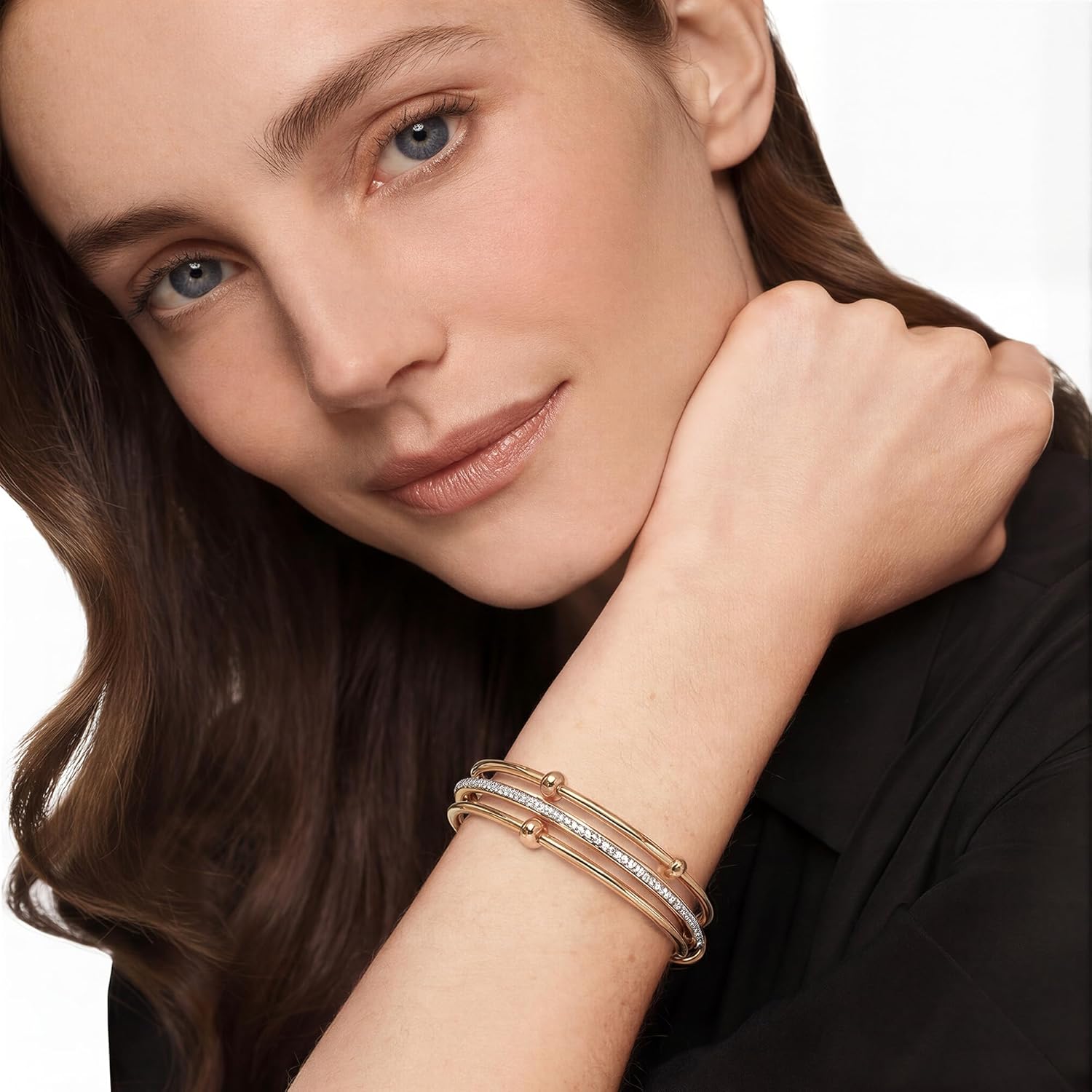 Musishiyu Gold Bracelets for Women Stacking Bangle - 18K Mixed Metal Tri-Color Rolling Interlocking Bands, Cubic Zirconia Fidget Anxiety Jewelry, Valentine's Galentine's Day Gifts - Image 6