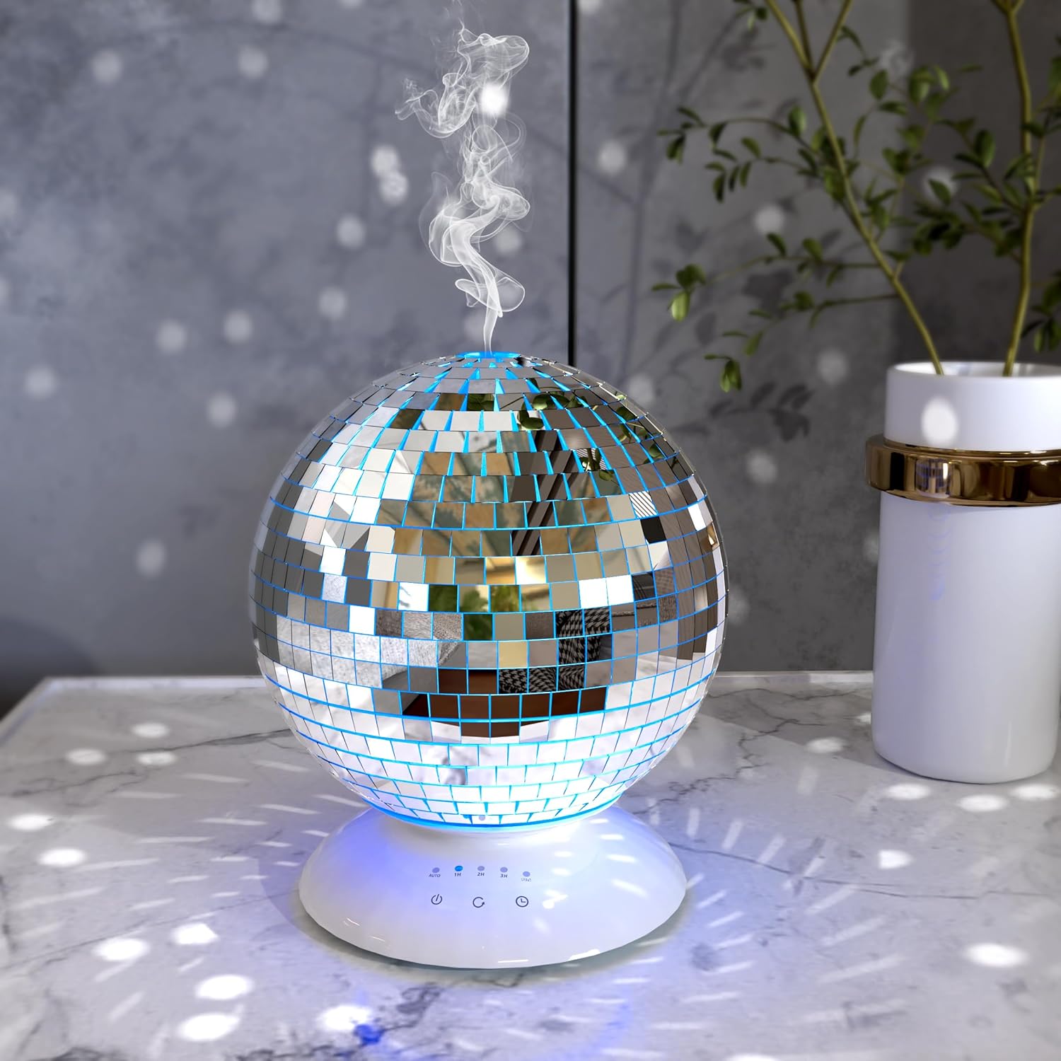 Mirror Essential Oil Diffuser Rotating, 14 Ligth Modes 4 Timer Setting Aromatherapy Diffuser, Cute Home Disco Decor Great Decoration and Accessories for Disco Party, Room, Office Silver