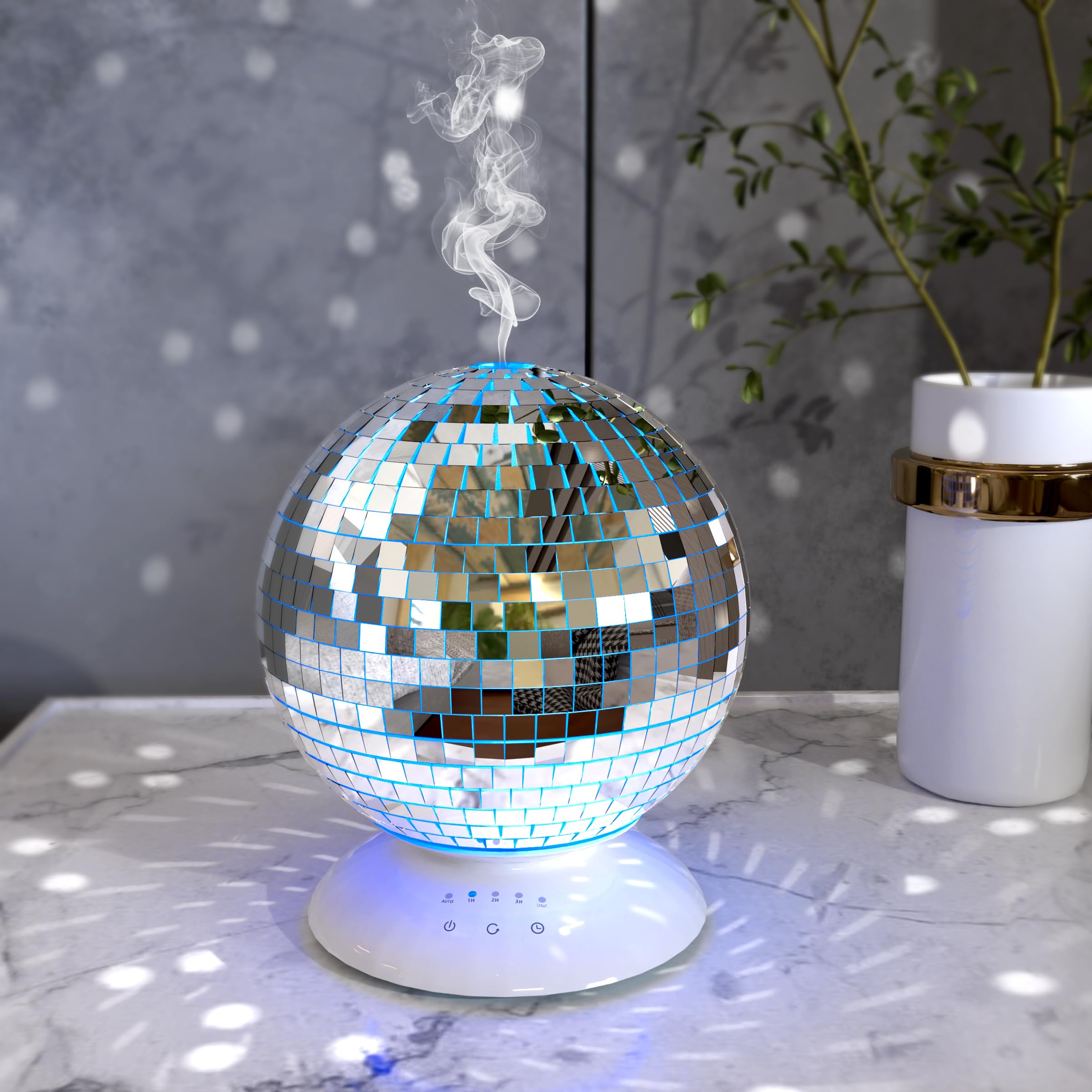 Mirror Essential Oil Diffuser Rotating, 14 Ligth Modes 4 Timer Setting Aromatherapy Diffuser, Cute Home Disco Decor Great Decoration and Accessories for Disco Party, Room, Office
