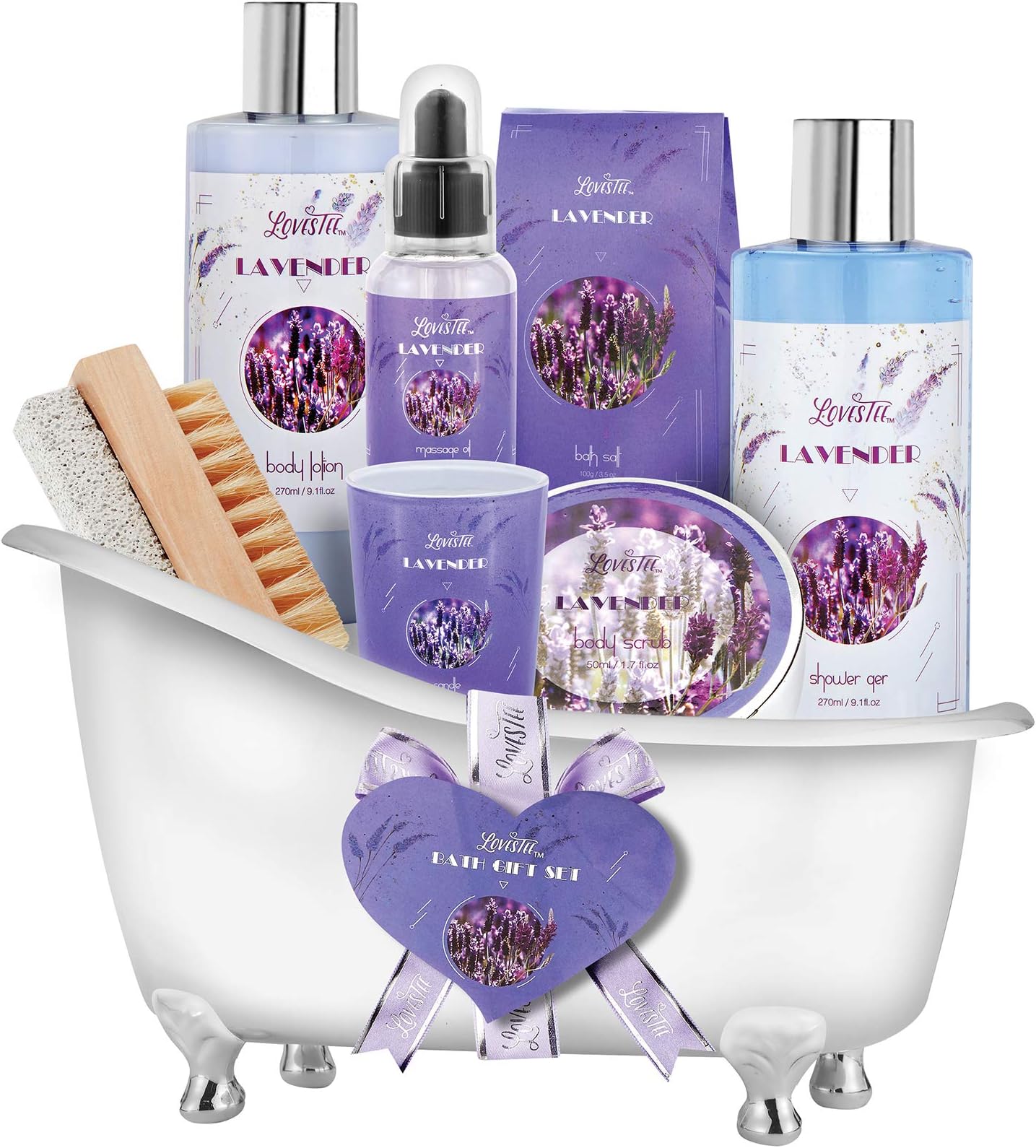 Christmas Gifts, Relaxing Lavender Spa Gift Baskets for Wome Birthday, Bath and Body Set-Kit Includes Candle, Essential Oil, Body Scrub, Bath Salt, Body Lotion, Shower Gel and Body Scrub Brush