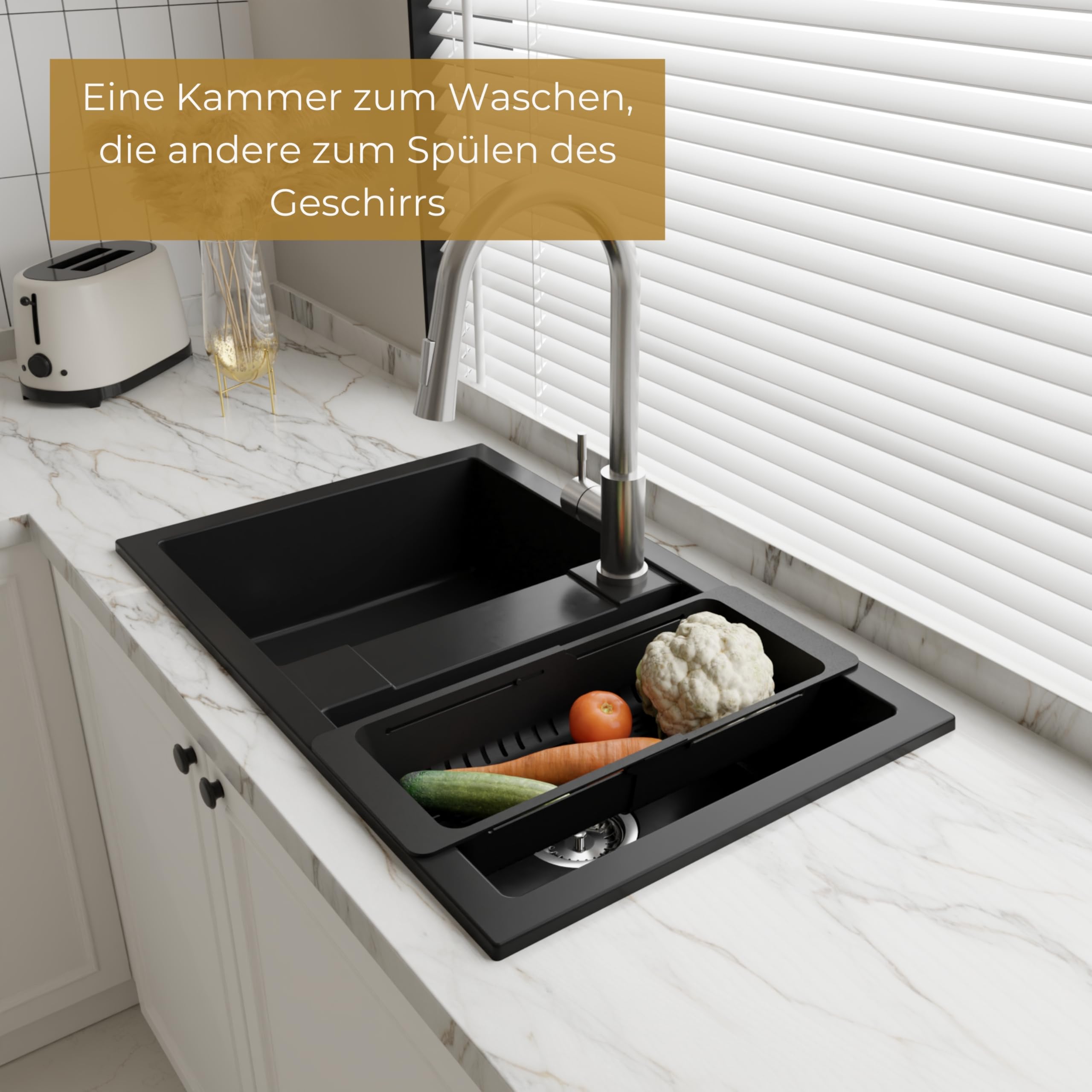 SINK QUALITY Doppel Spülbecken schwarz 78x48 cm, Doppelspüle mit Siphon und Imprägniermittel, Granitspüle 2 Becken - Küchenspüle ab 80er Unterschrank