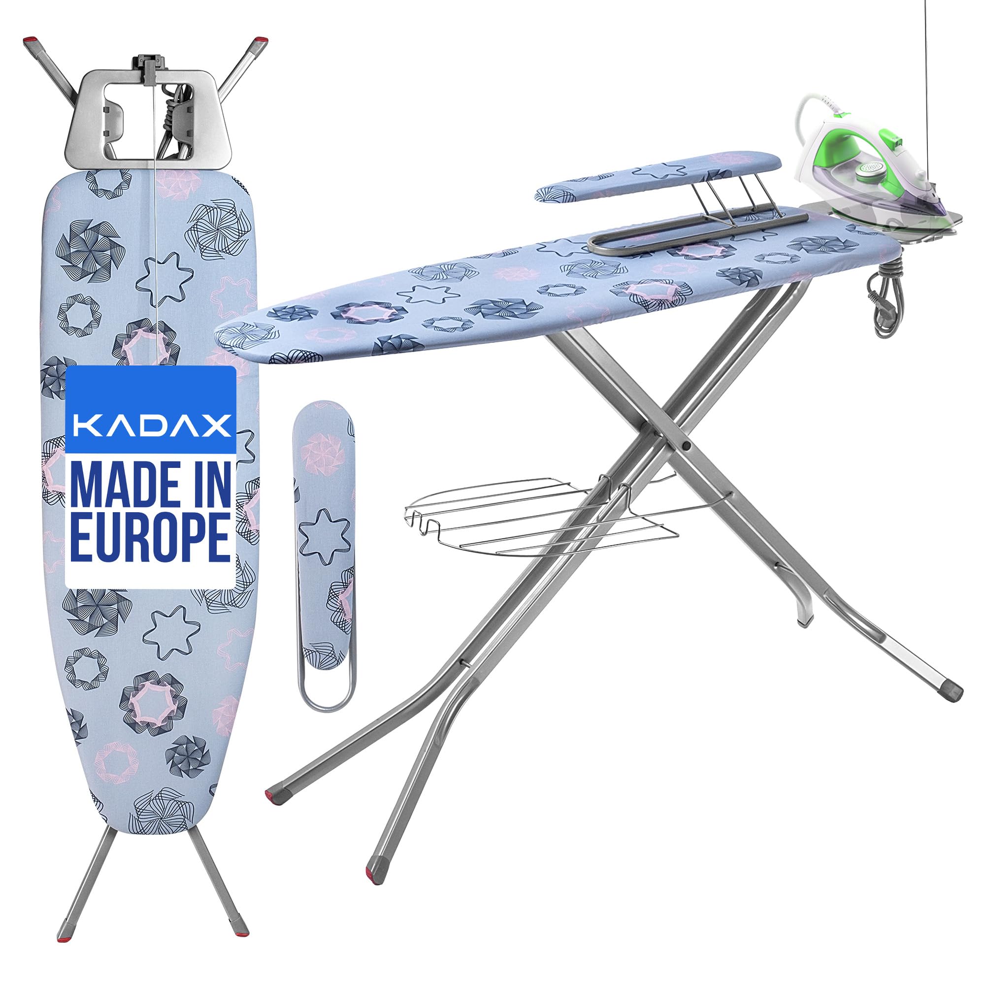 KADAX Table à Repasser avec Jeannette - Bleu 120x30 cm - Repassage Vapeur avec Support de câble et rallonge intégrée - Anti-Pliage accidentel Pieds antidérapants et étagère vêtement