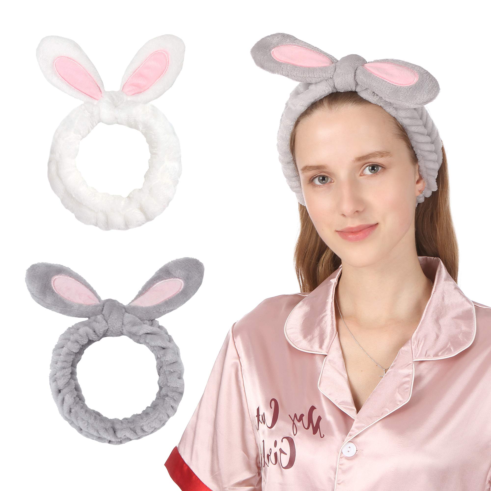 Folora 2pcs Women Girls Fashion Plush Bunny Ear Headbands Cute Elastic Coral Fleece Headwrap for Washing Face Makeup Shower and Facial