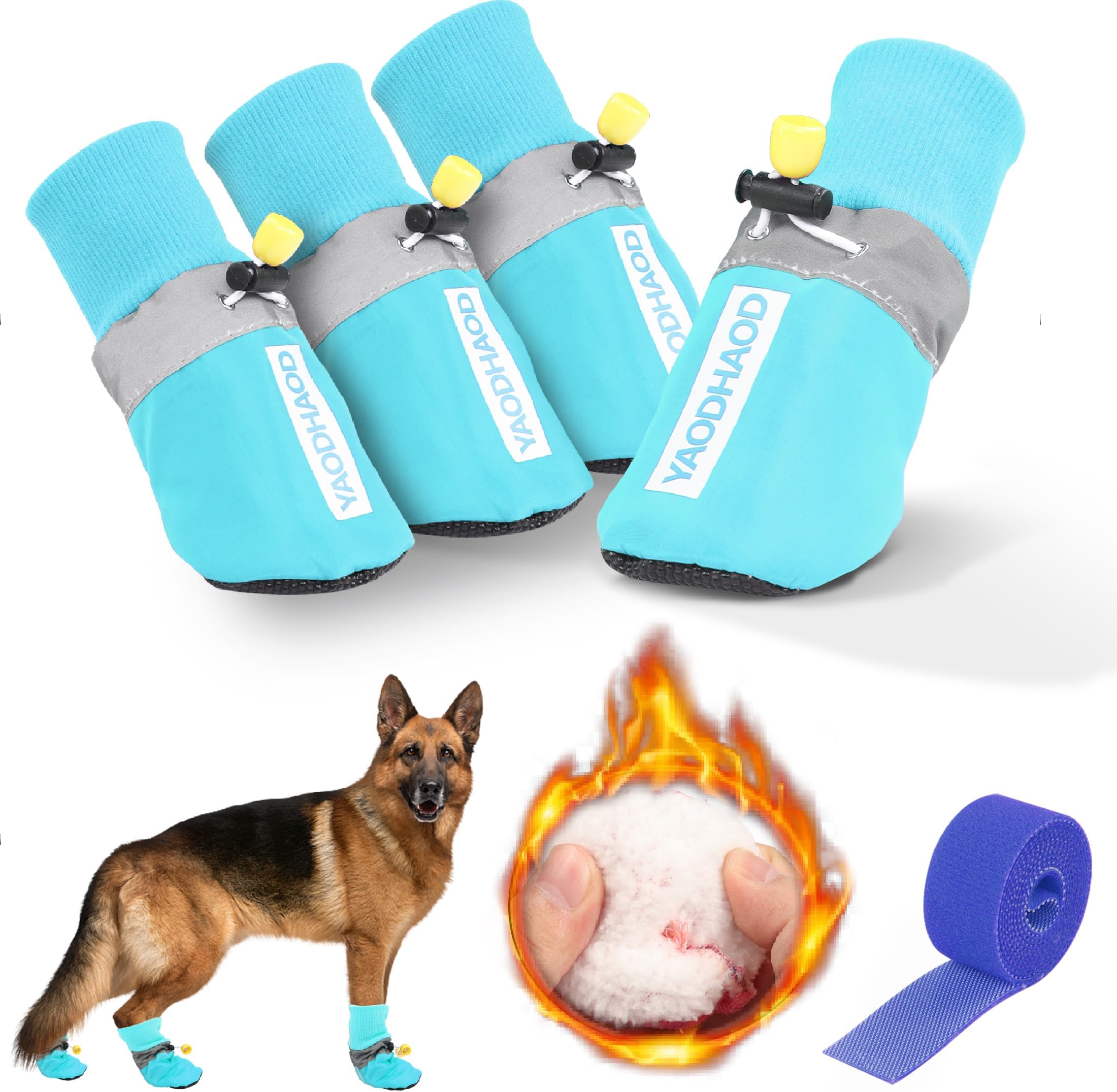 YAODHAOD Dog Snow Boots Breathable Socks,Dog Shoes Fleece Snow Booties for Medium to Large Dogs,with Reflective Straps Anti-Slip Sole,Dog Boots & Paw Protectors for Indoor (Blue, Small)