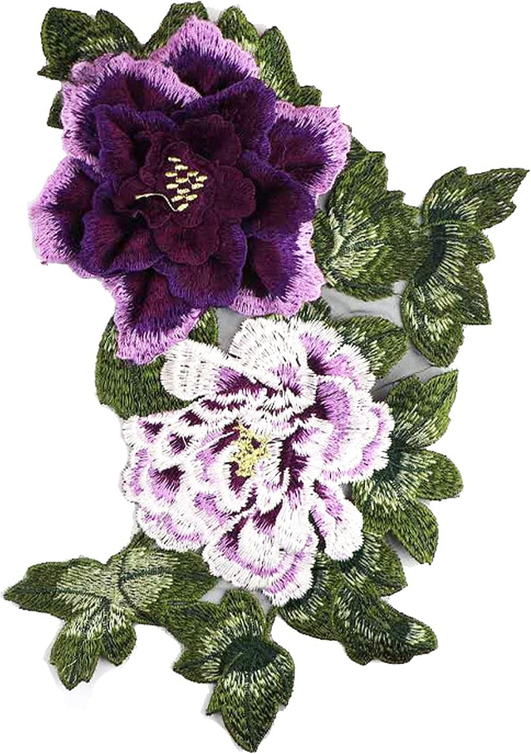 Large Embroidered 3D Peony Flowers Leaves Sew Patches Applique DIY, Purple | Trimmings Applique, Wedding Gown Dress, Bridal Evening Cheongsam Dress, DIY Decoration Craft