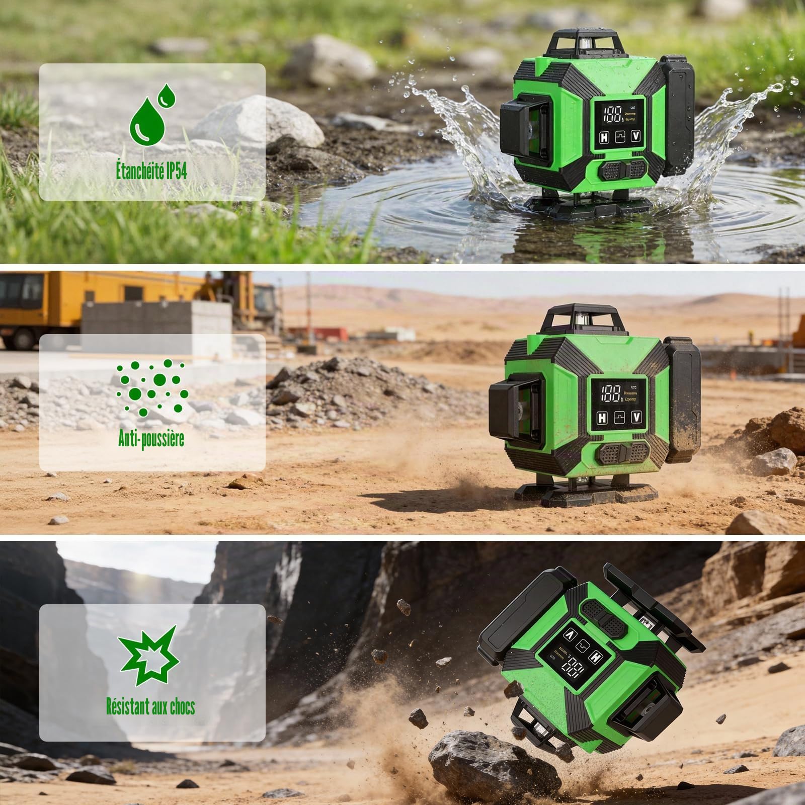 Niveau Laser avec Trepied 4 x 360°, Laser Chantier 4D 16 Lignes | 2xBatterie 3600mAh, Nivellement Automatique avec Support Mural, Support Rotatif, Télécommande, IP54 Étanche et Anti-Poussière