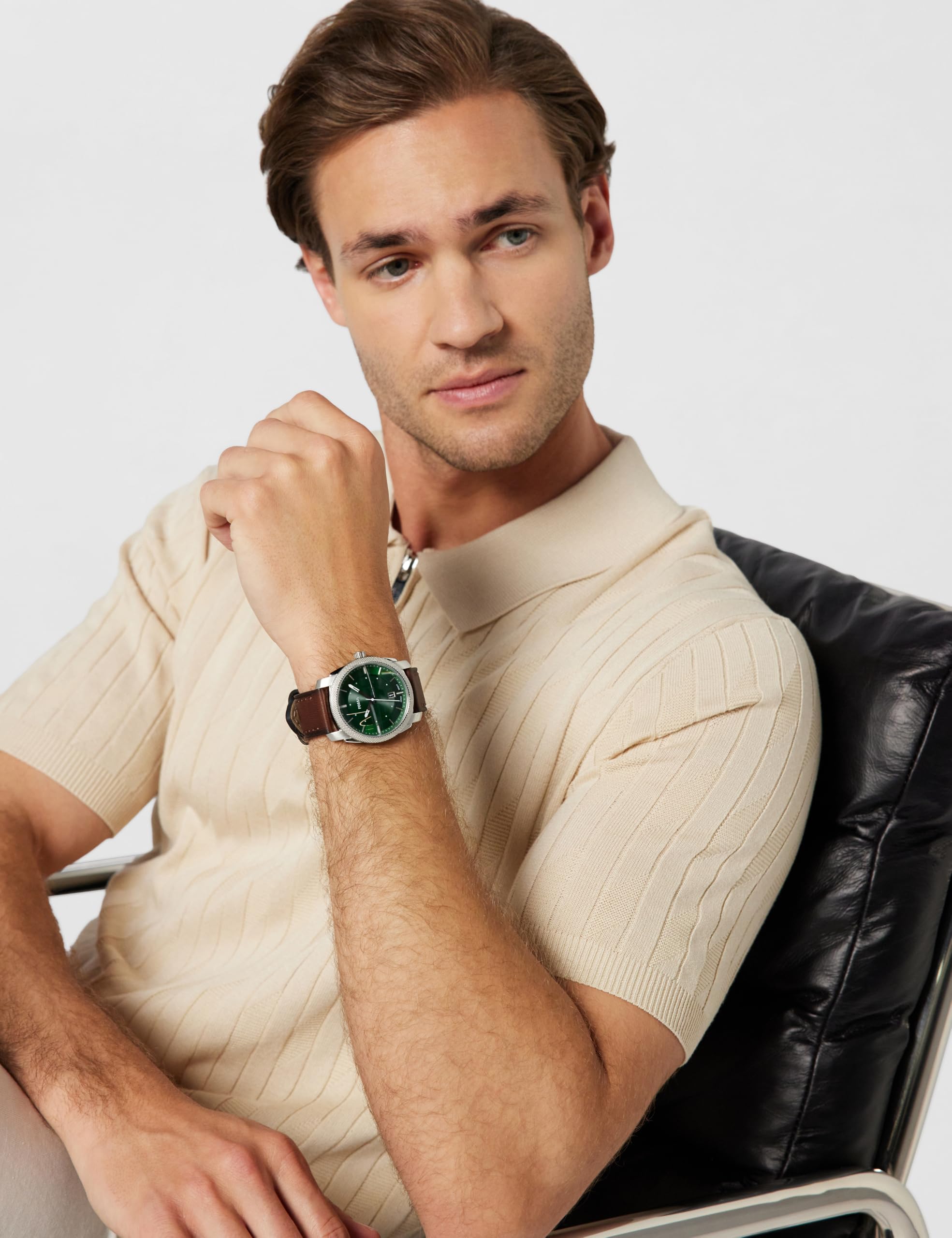 Fossil Machine Watch for Men, Quartz Three Hand Date Movement with Stainless Steel or Leather Strap