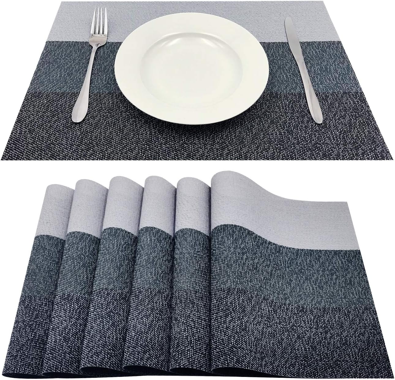 Familamb Placemats for Dining Table Set of 6 Woven Vinyl Washable Table Placemats Table Decoration Heat Insulation Stain Resistant Grey