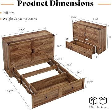 AMERLIFE Full Murphy Bed with Storage & Charging Station | Barnwood Wood Murphy Cabinet, Farmhouse Foldable Platform Bed, Large Drawer, Noisy Free, Guest Bedroom & Living Room